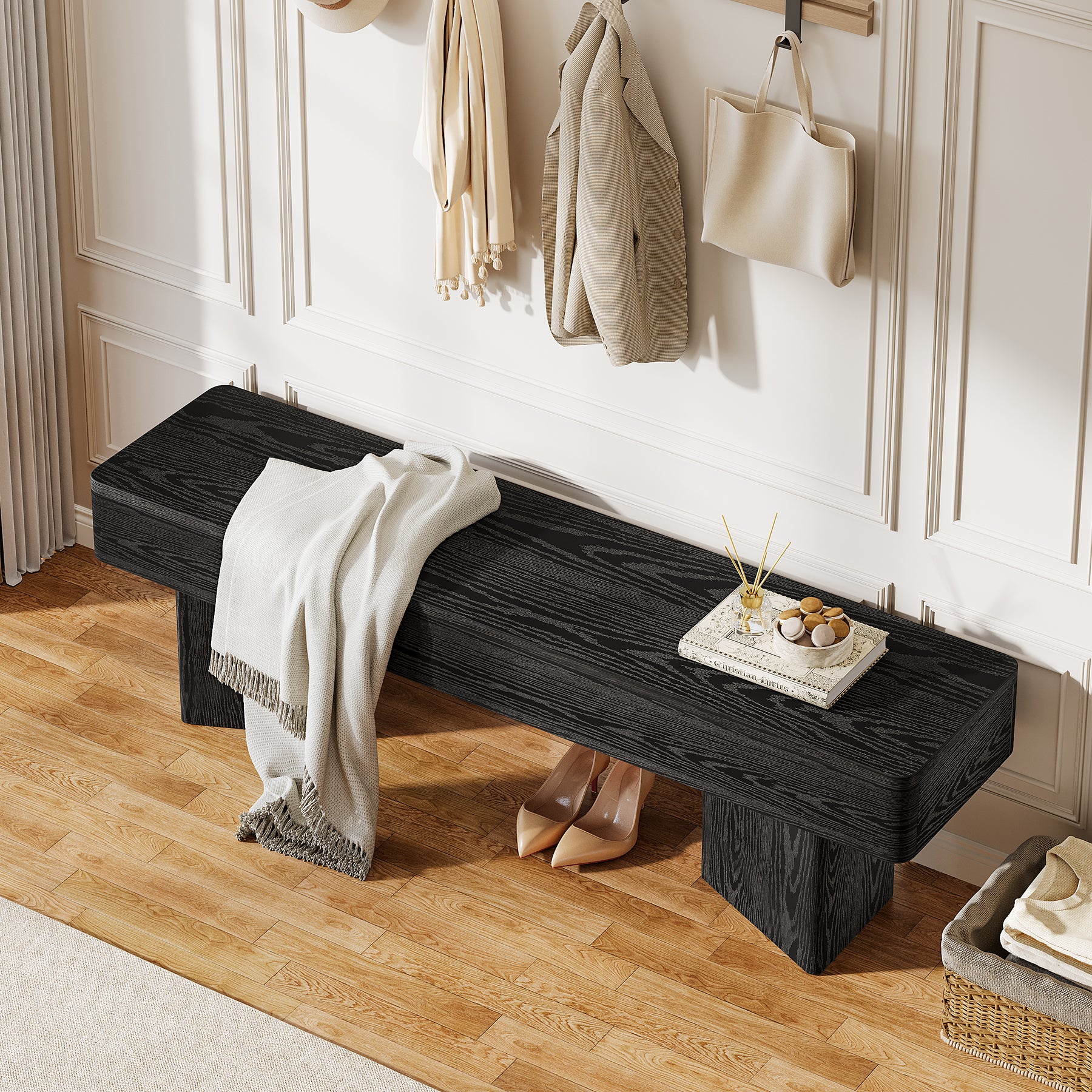 47.24-Inch Modern Indoor Bench with Black Finish and Rounded Edges，Modern Wooden Bench for Entryway
