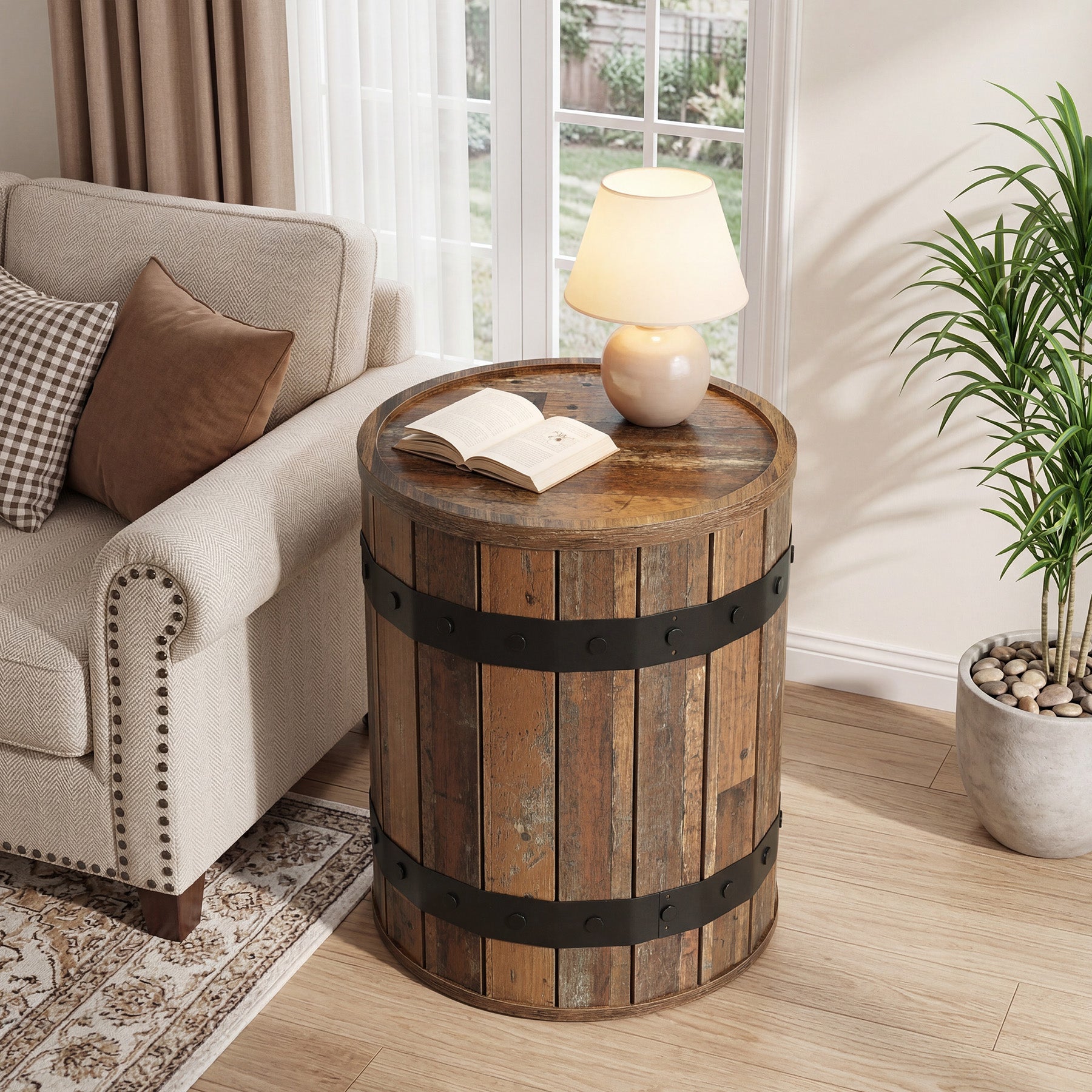 19.68-Inch Barrel Side Table with Hidden Storage, Farmhouse Round End Table with Removable Lid