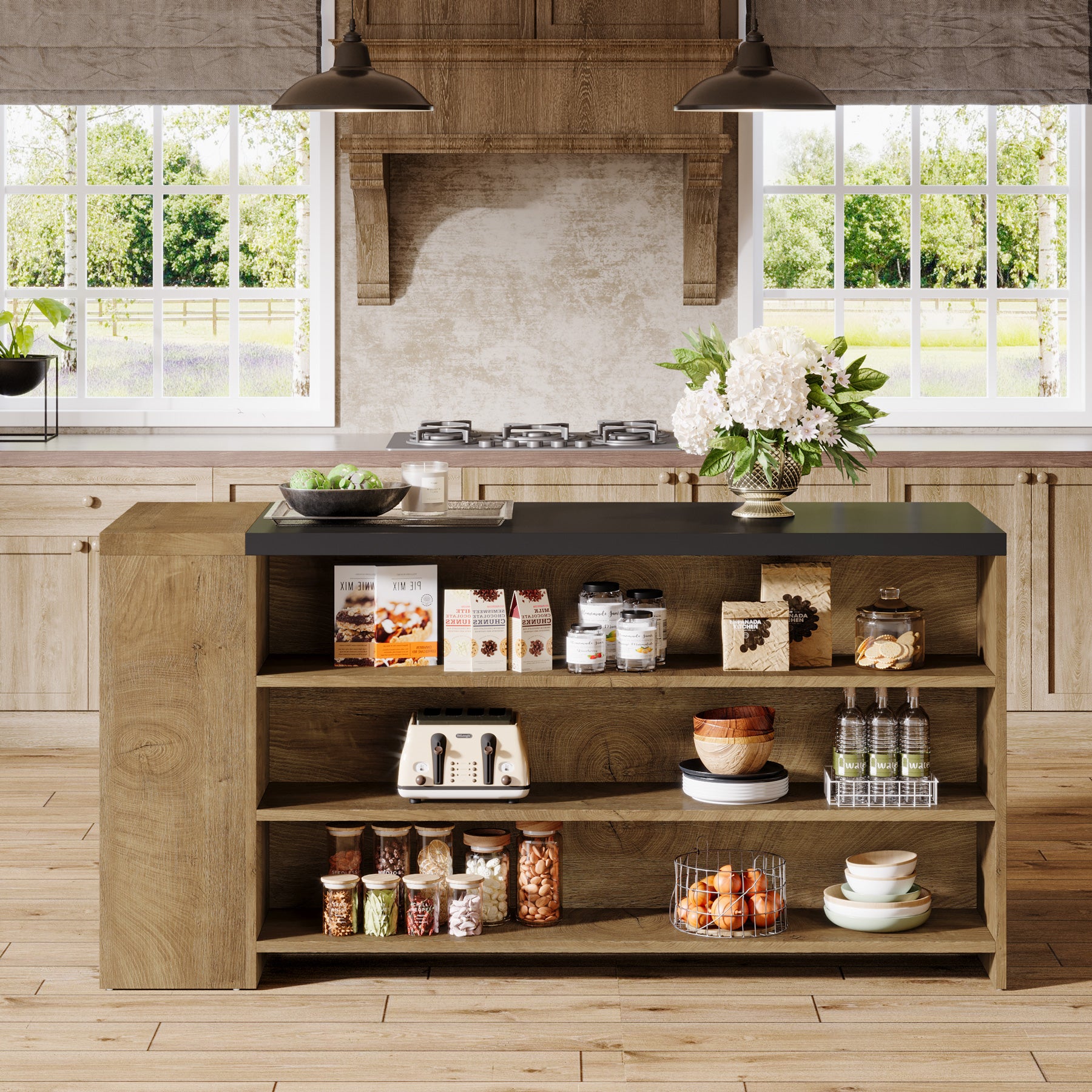 55.12-Inch Kitchen Island with 5-Tier Storage Shelves and Large Countertop, Farmhouse Coffee Bar Table for Kitchen