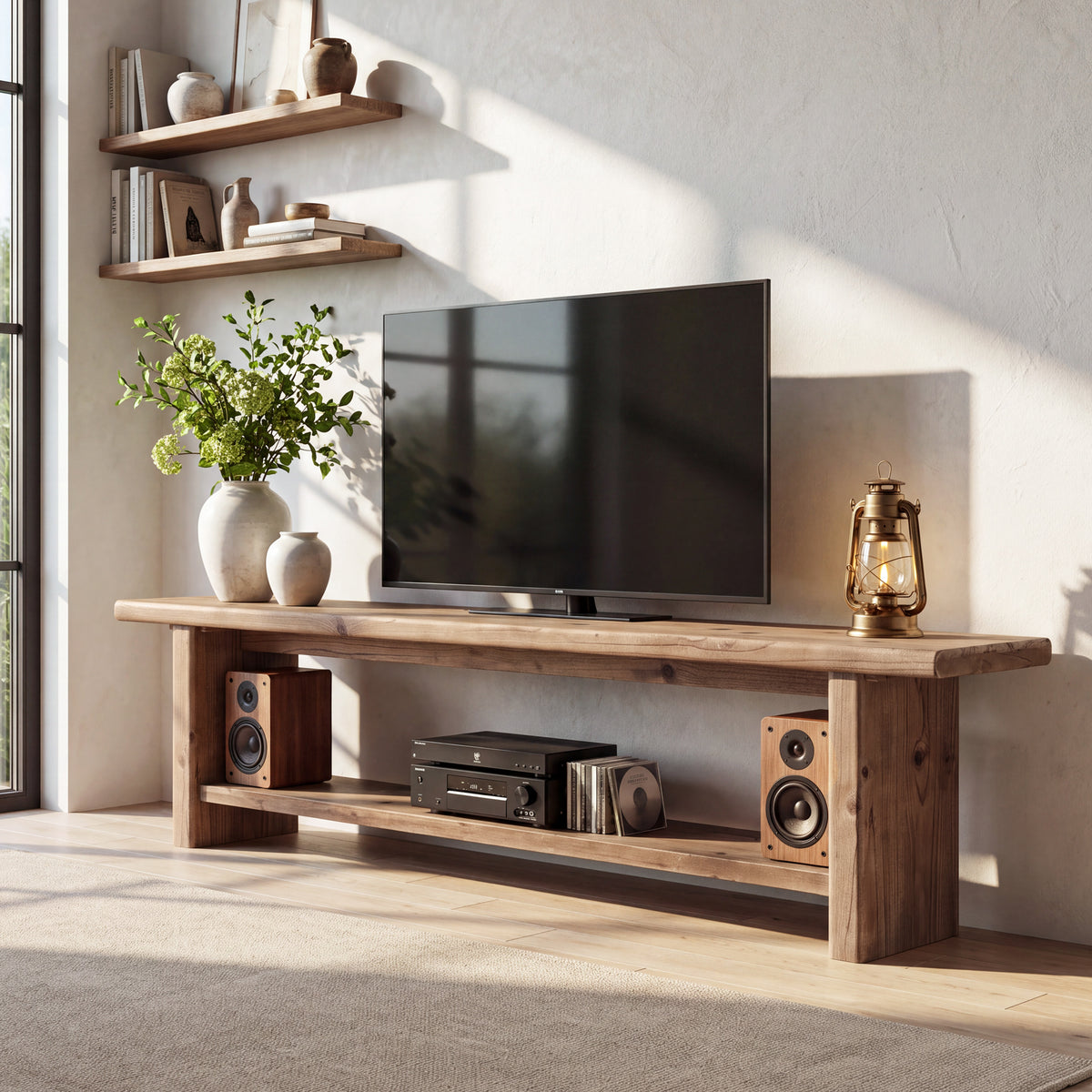 Tribesigns 71 Inch Solid Wood TV Stand with 2-Tier Storage and Farmhouse Design, Media Console for 55-85 Inch TVs