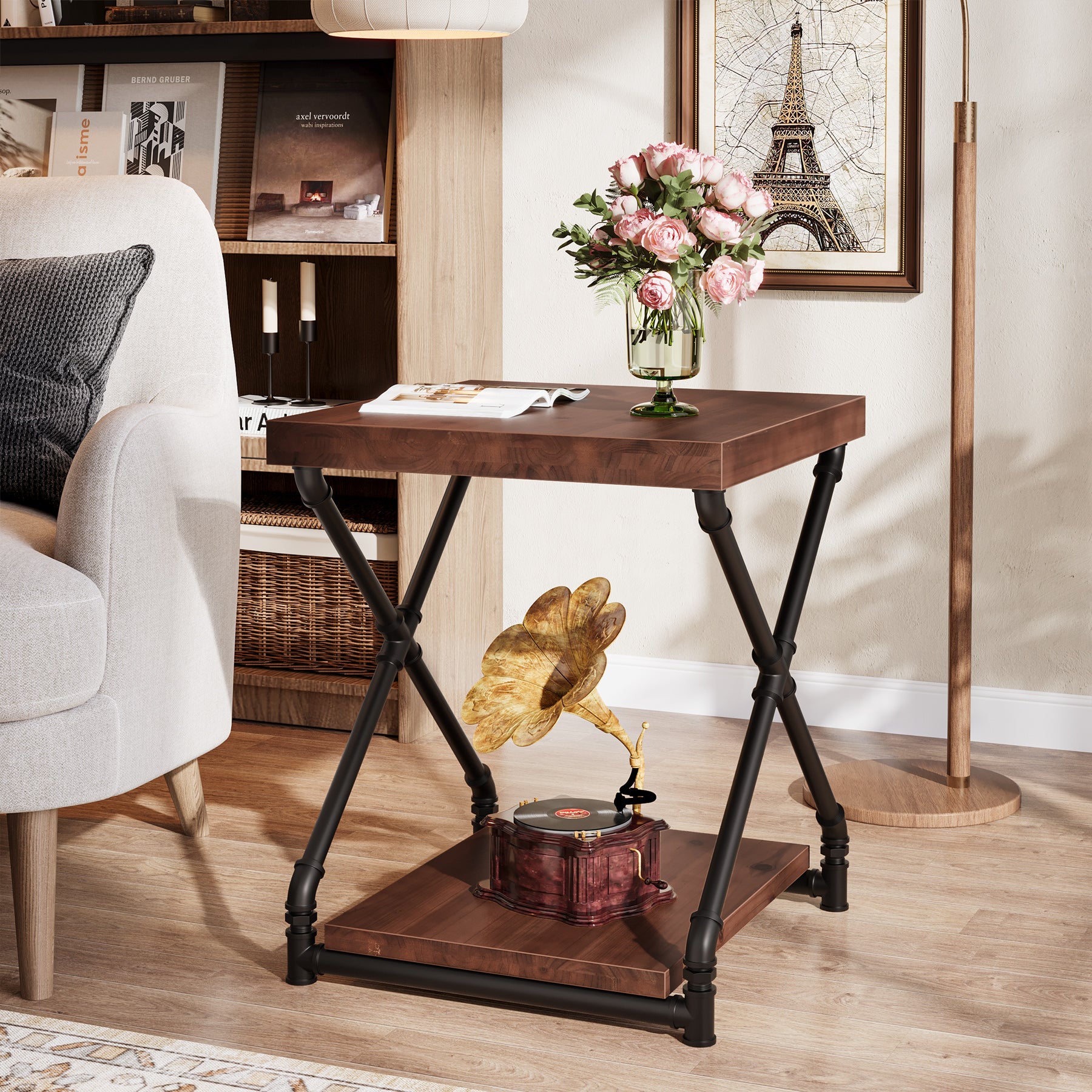 Solid Wood End Table with Storage Shelf and X-Shaped Legs, Small Wood Nightstand