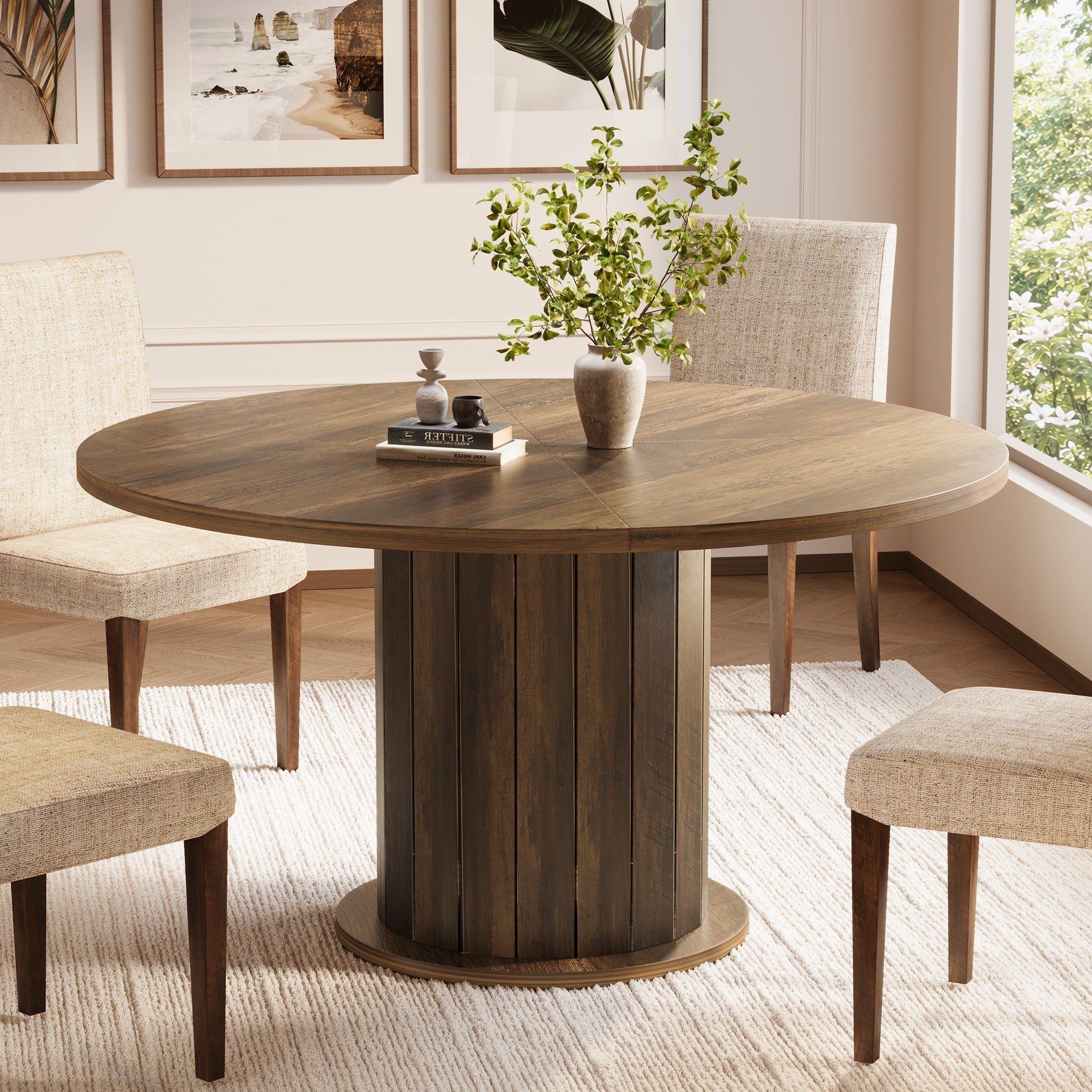 47.24-Inch Round Dining Table with Pedestal Base, Farmhouse Kitchen Table for 4 to 6 People