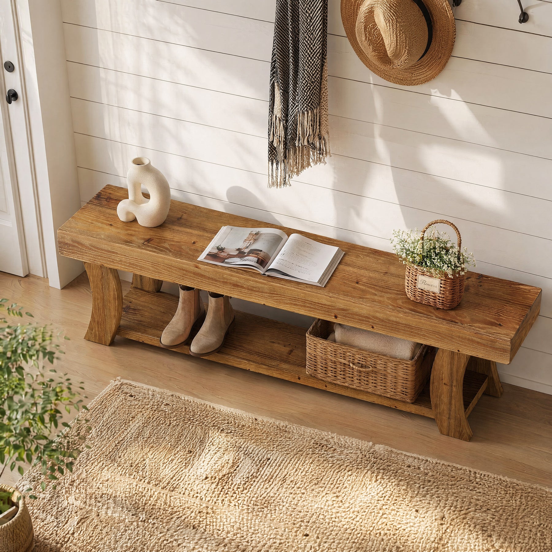 63-Inch Solid Fir Wood Storage Bench with Curved Legs, Farmhouse Bench for Hallway