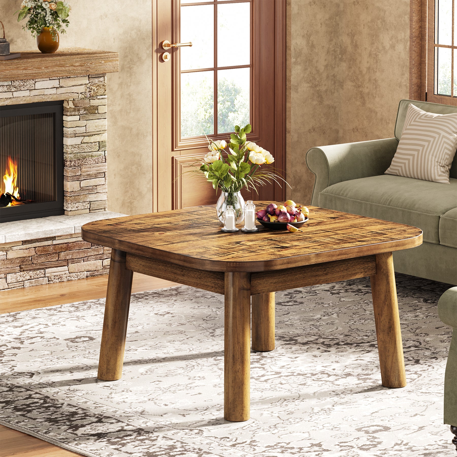 31.5" Solid Wood Square Coffee Table, Corner Farmhouse Center Table for Living Room