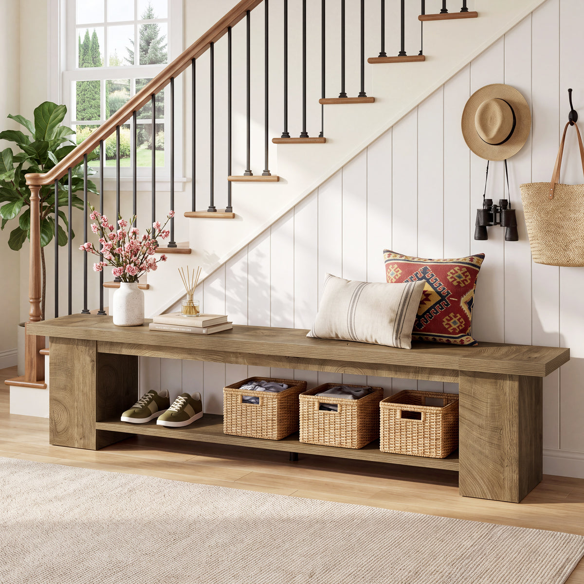 Tribesigns 86.6" Extra Long Entryway Bench with 2-Tier Shoe Storage, Storage Bench for Hallway