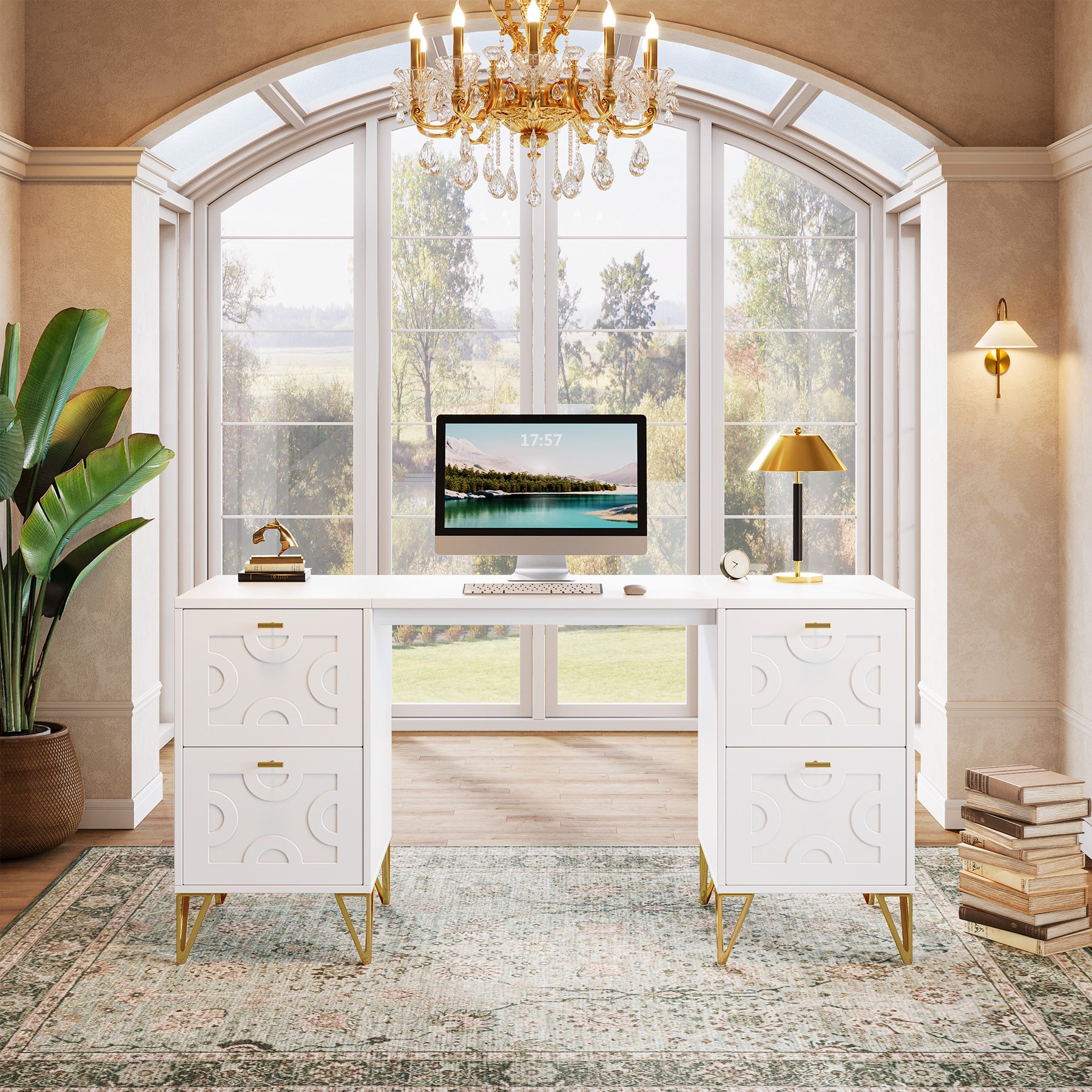 59-Inch Office Desk with Drawers, Modern White Computer Desk with Gold Legs for Home Workspace
