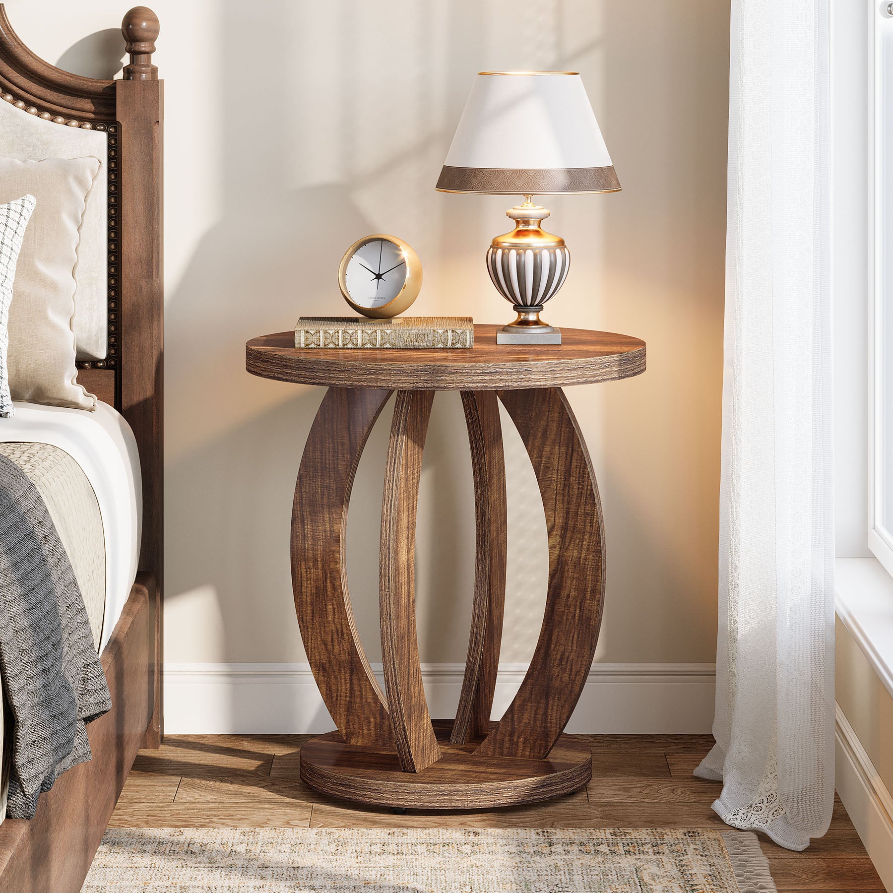 24" Round Farmhouse Nightstand - Bedside Table with Storage, Wood Base, Brown