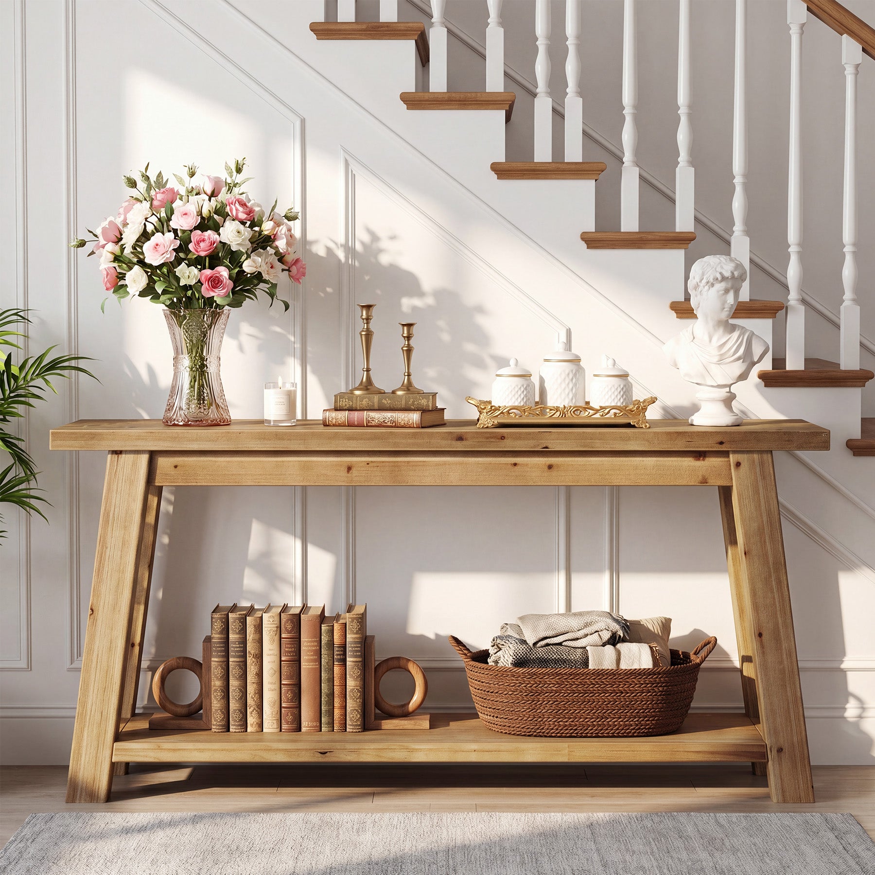 70.9-Inch Solid Wood Console Table with 2-Tier Storage Shelf, Farmhouse Entryway Table for Living Room and Hallway