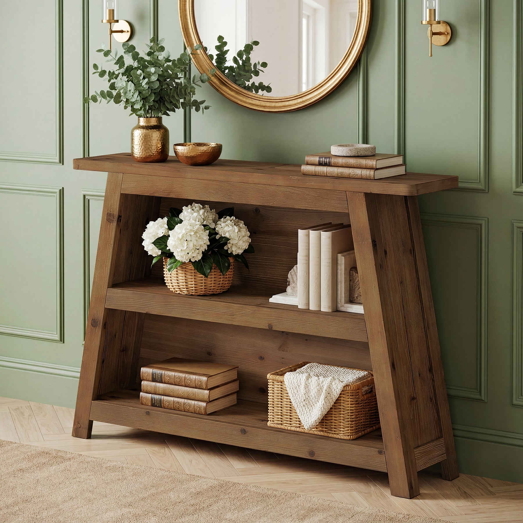 47.24-Inch Solid Wood Console Table, Farmhouse Entryway Table with 3-Tier Shelves