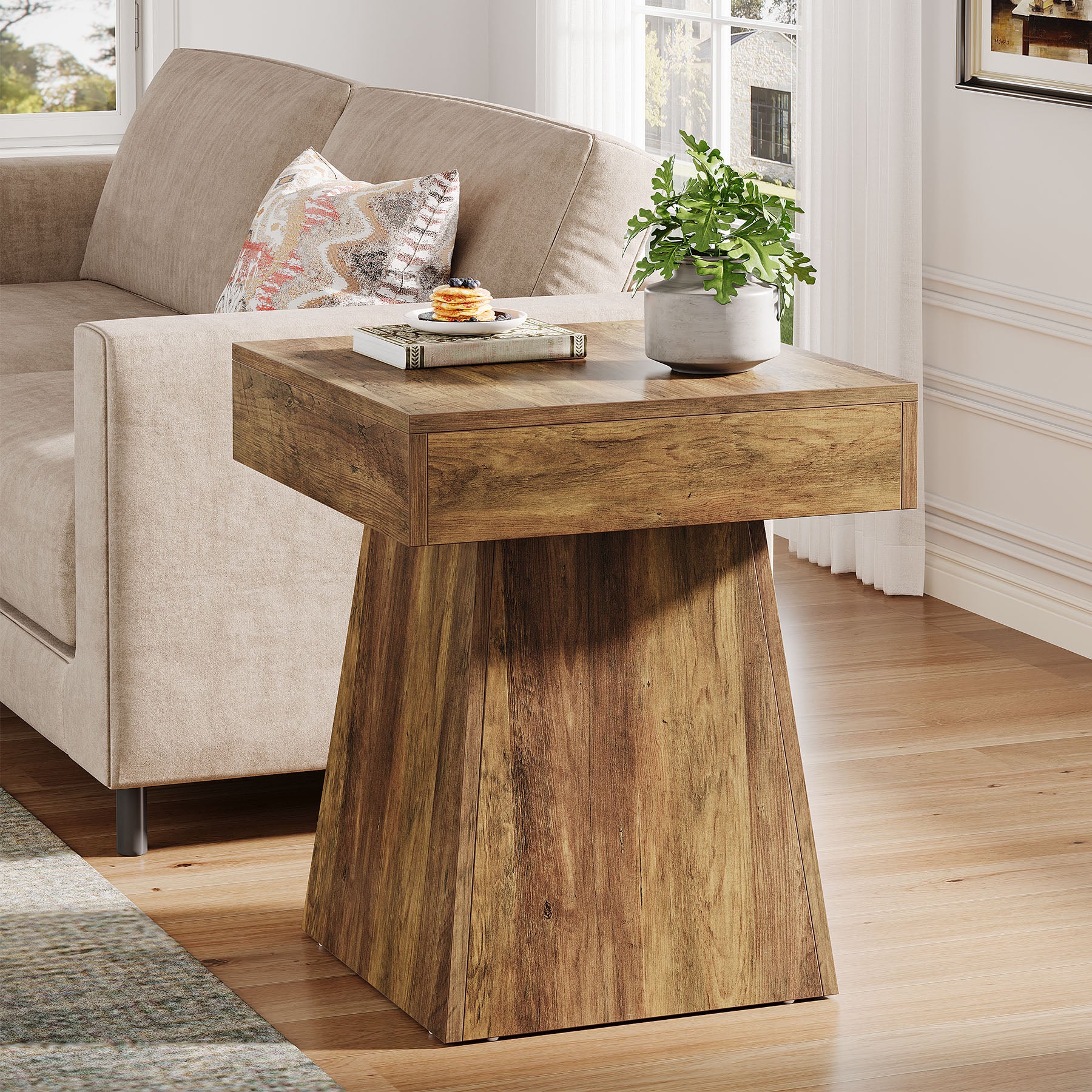 Tribesigns 15.8-Inch Square Side Table, Mushroom-Inspired Wide Stable Base with Rustic Finish
