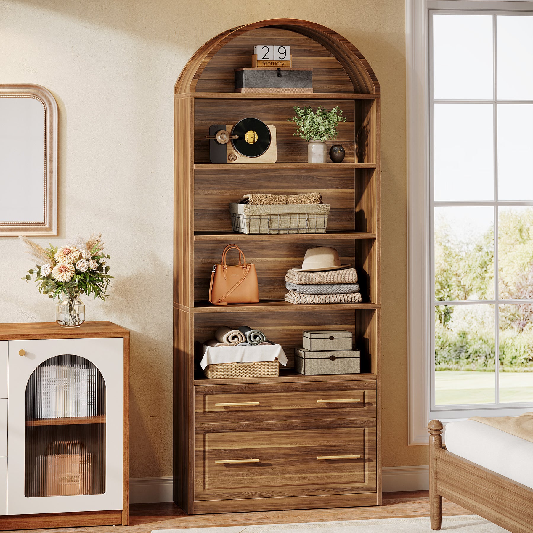 76.8-Inch Arched Bookcase with File Cabinet Drawer, 5-Tier Storage for Home Office