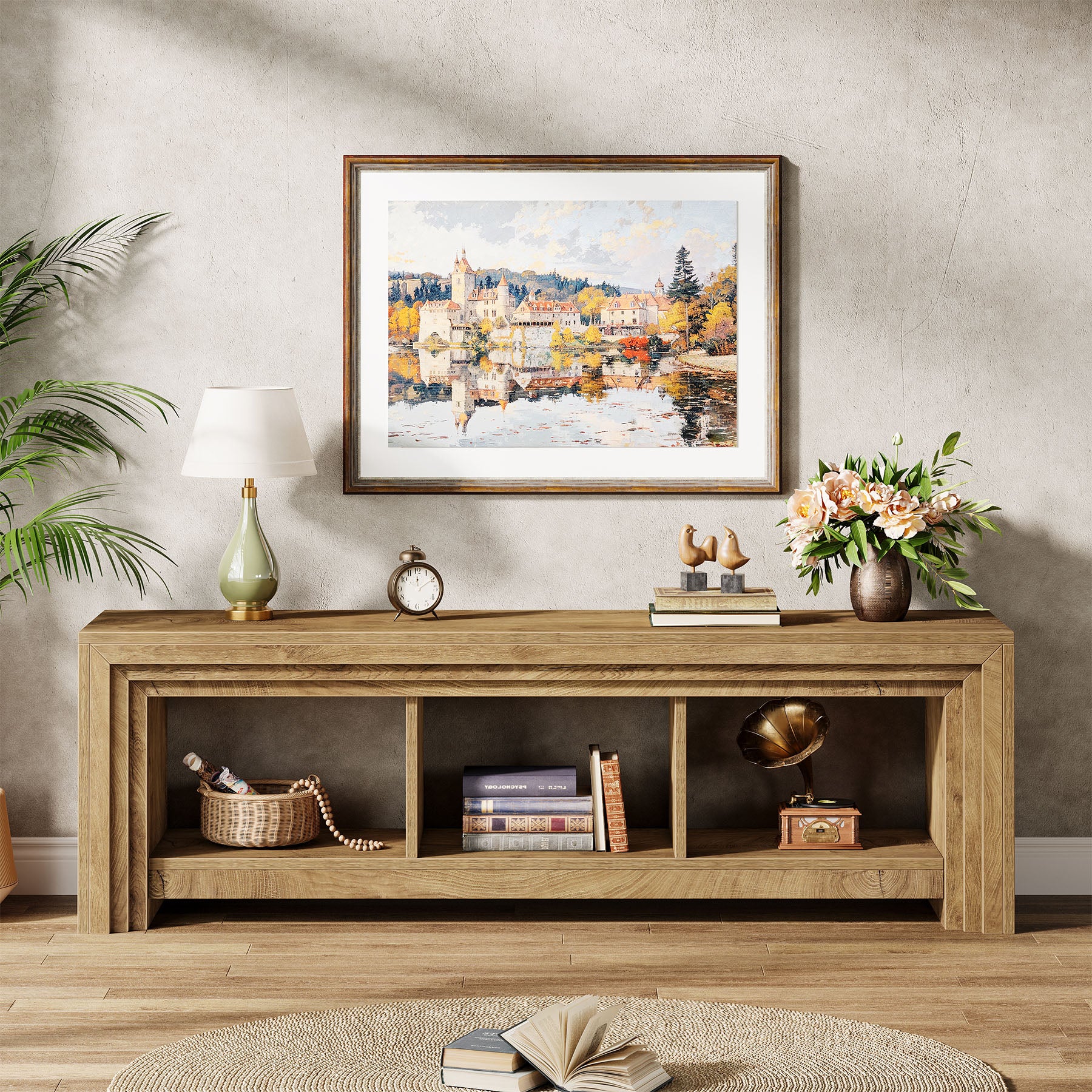 Tribesigns 63-Inch Farmhouse TV Stand, Oak Media Console with Open Storage for Living Room