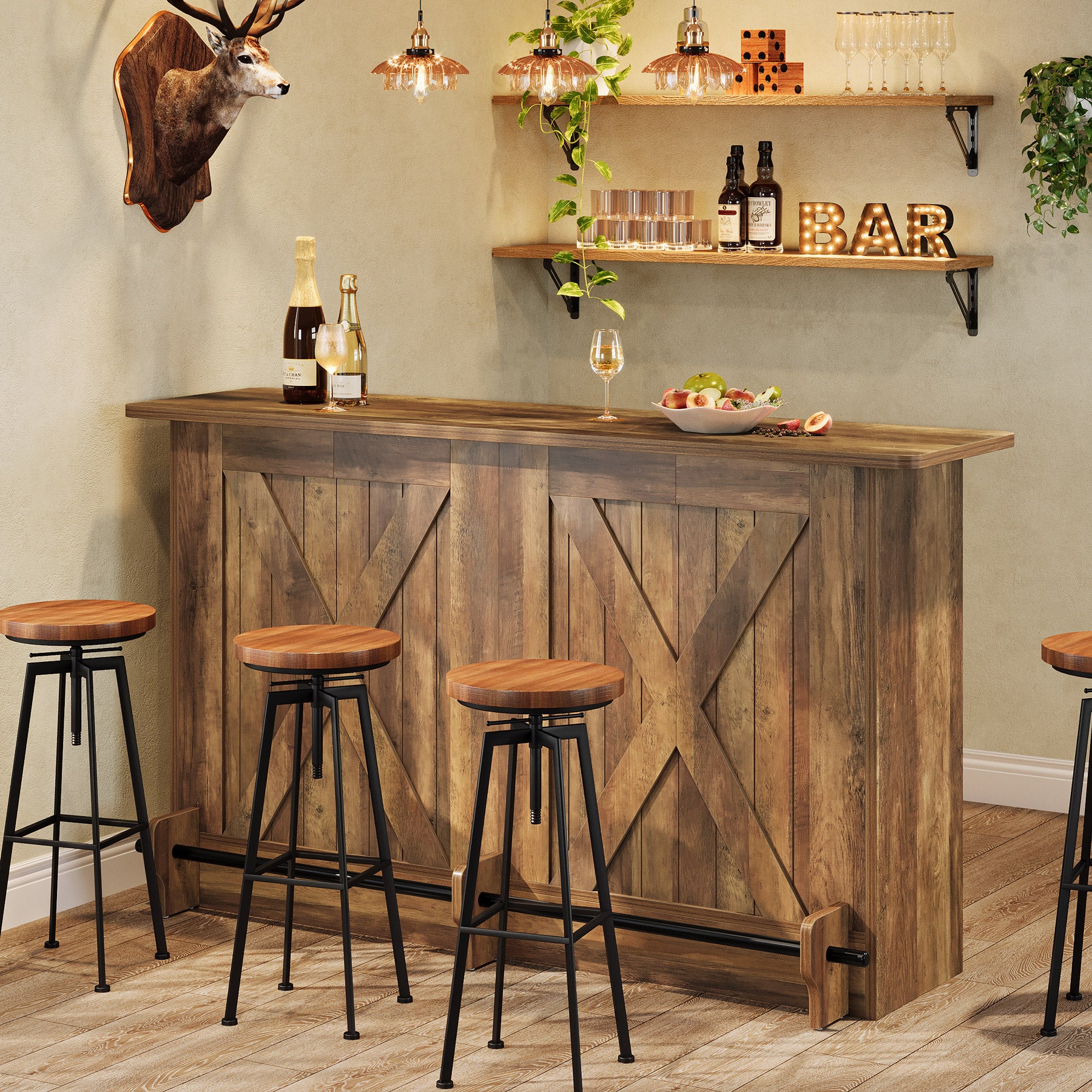 63-Inch Bar Table with 2-Tier Storage Shelves and Metal Footrest for Bistro and Basement Bar