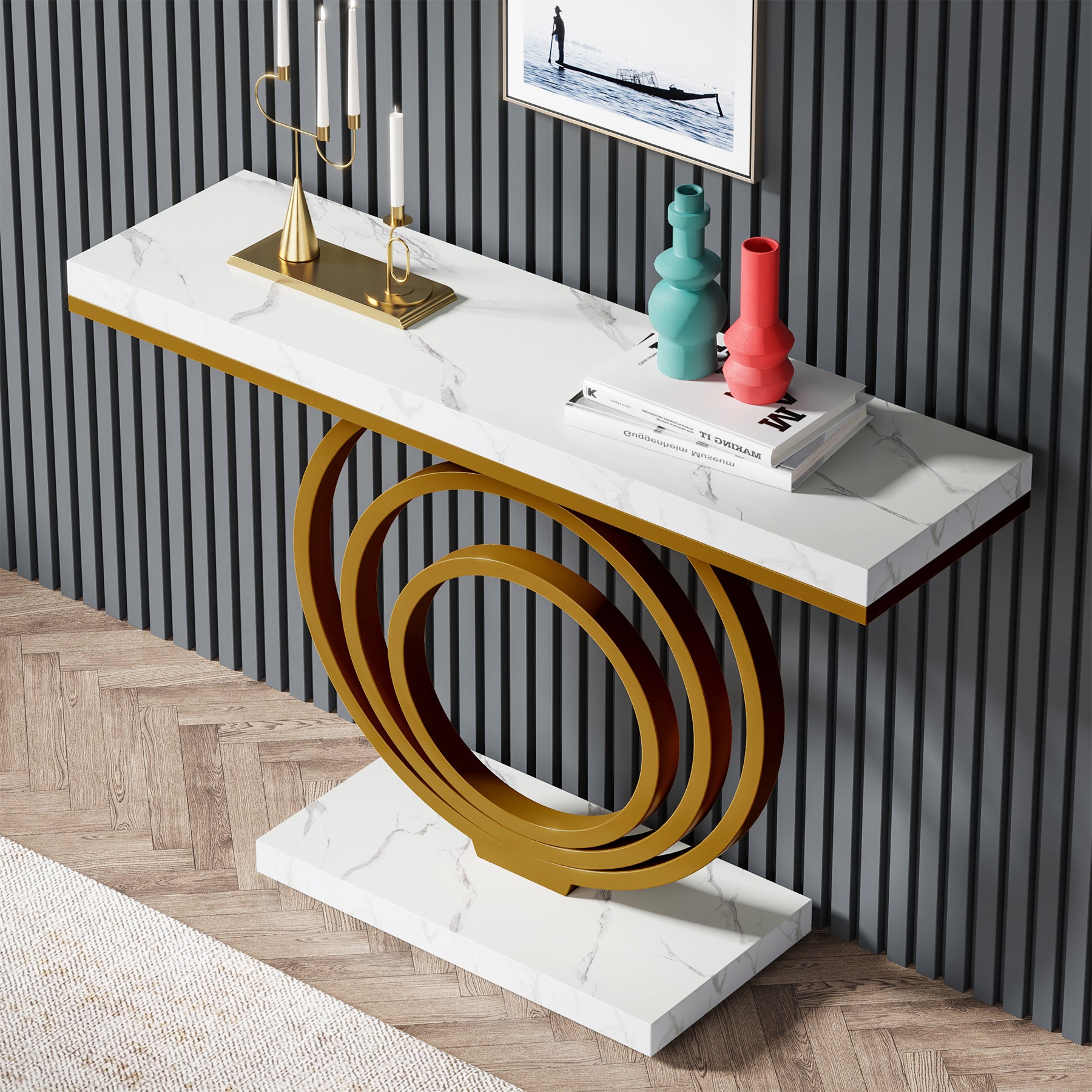 Tribesigns 41.3-Inch Gold Console Table, Narrow Entryway Table with Faux Marble Veneer Top and Geometric Metal Frame for Hallway