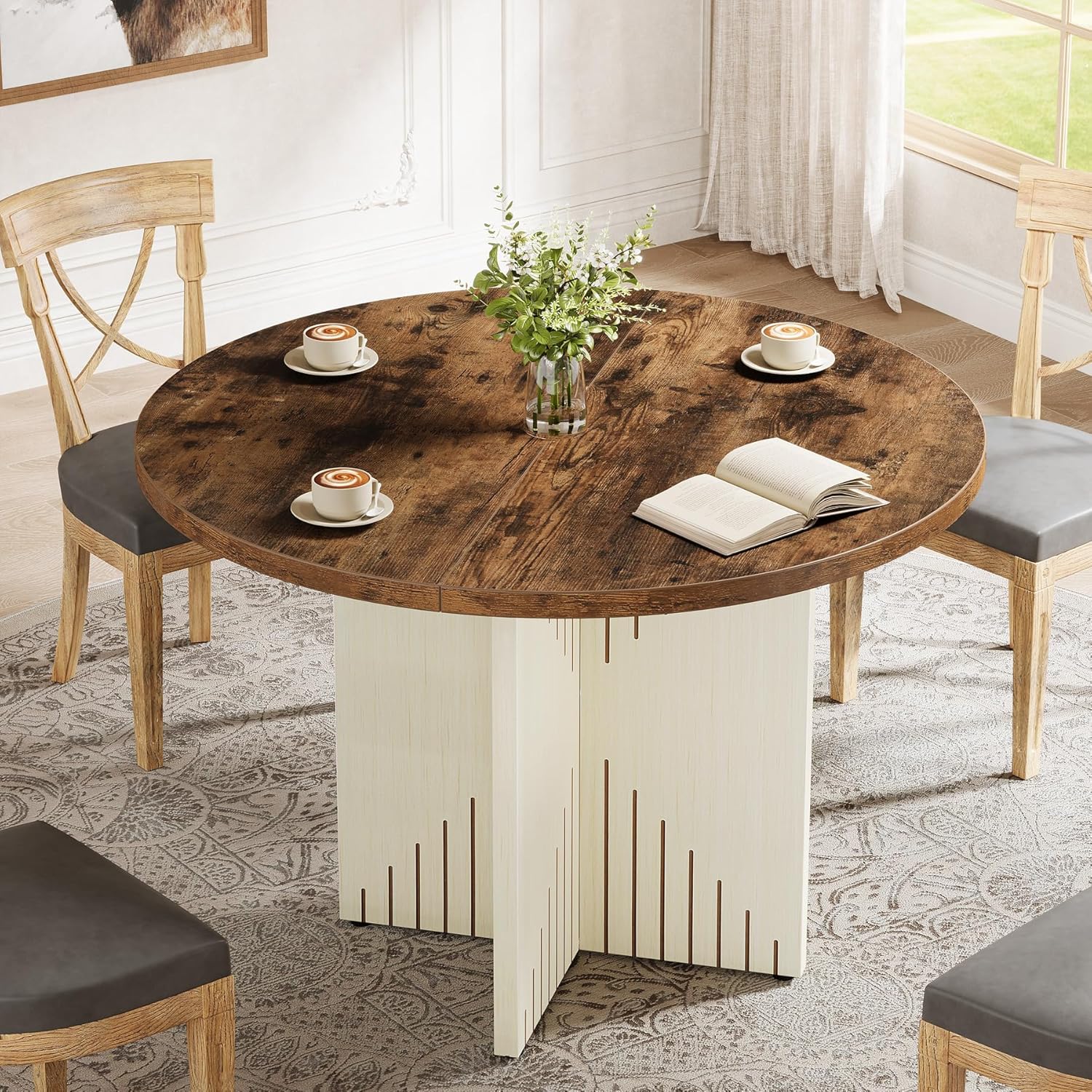 39" Round Farmhouse Dining Table for 4 with Pedestal Base - All Wood Kitchen Table in Brown & Beige