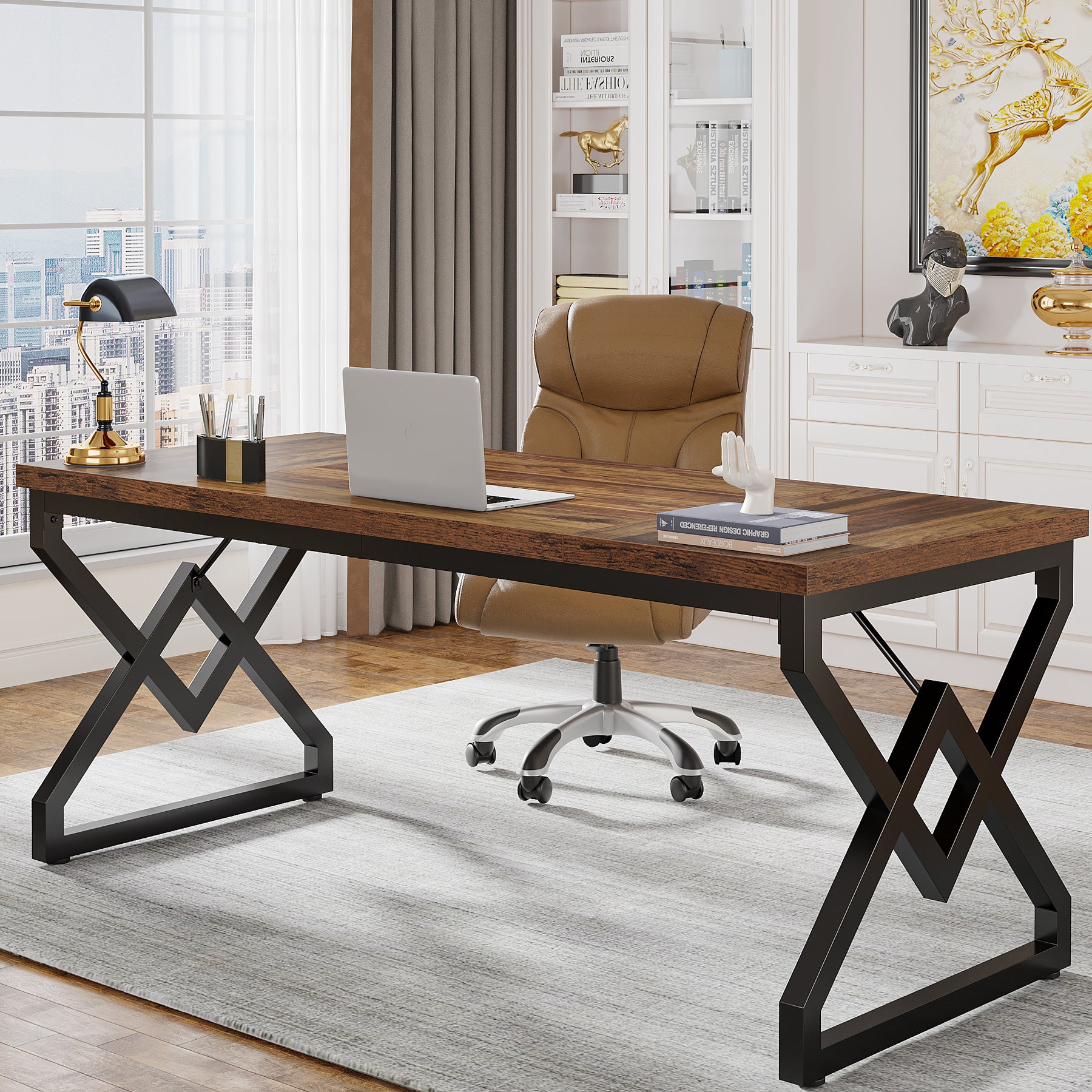 Tribesigns 63-Inch Large Office Desk, Industrial Computer Executive Desk with Extra Thick Wood-Look Top and Metal Frame for Home Office