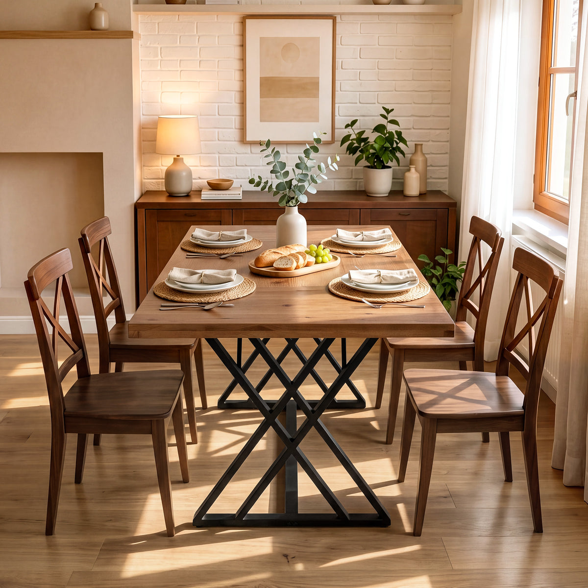 Tribesigns 63 Inch Solid Wood Dining Table with X-Shaped Metal Legs, Farmhouse Kitchen Table