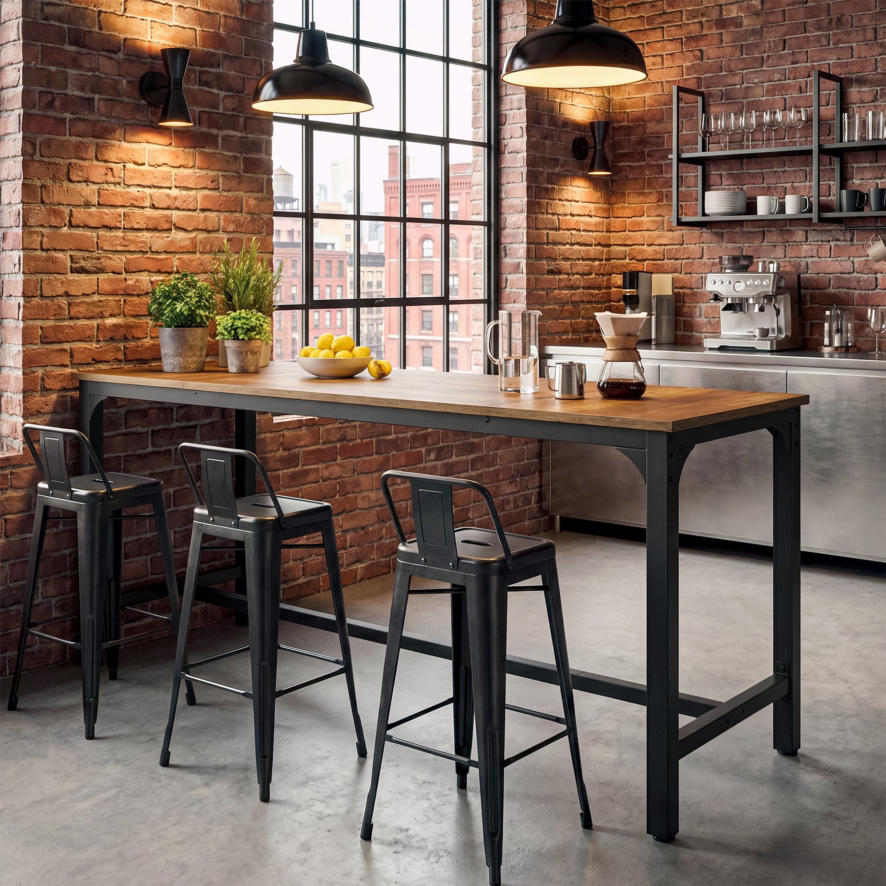 70.9 Inch Industrial Bar Table with Metal Footrest, Counter Height Pub Table for Dining Room and Home Bar