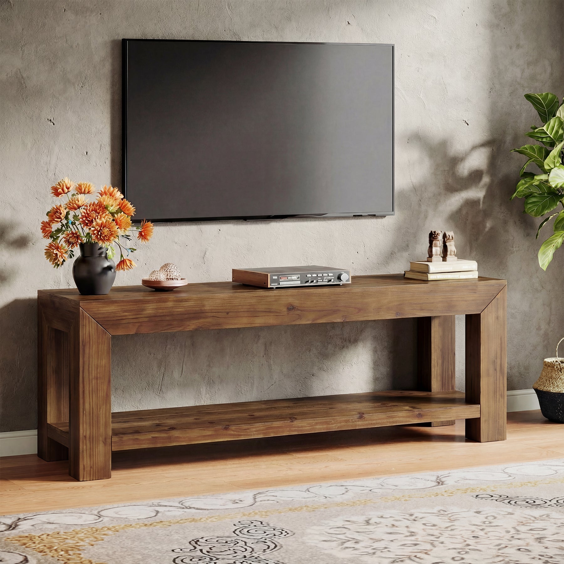 Tribesigns 63-Inch Solid Wood TV Stand for TVs up to 75 Inches with 2-Tier Open Storage Shelves