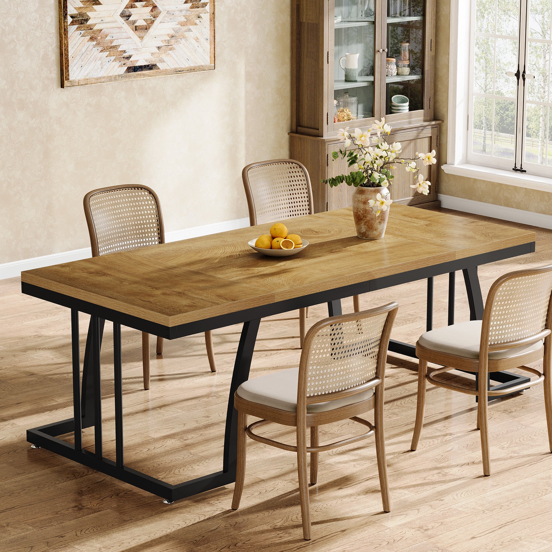 6-Seater Rustic Dining Table, 63" Rectangular Wood Table with Metal Frame for Dining Room