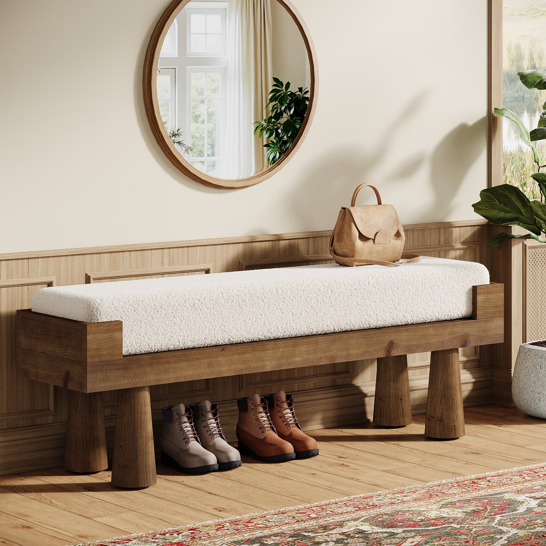 Tribesigns Upholstered Entryway Bench with Solid Wood Legs, Mid-Century Shoe Bench for Bedroom and Living Room