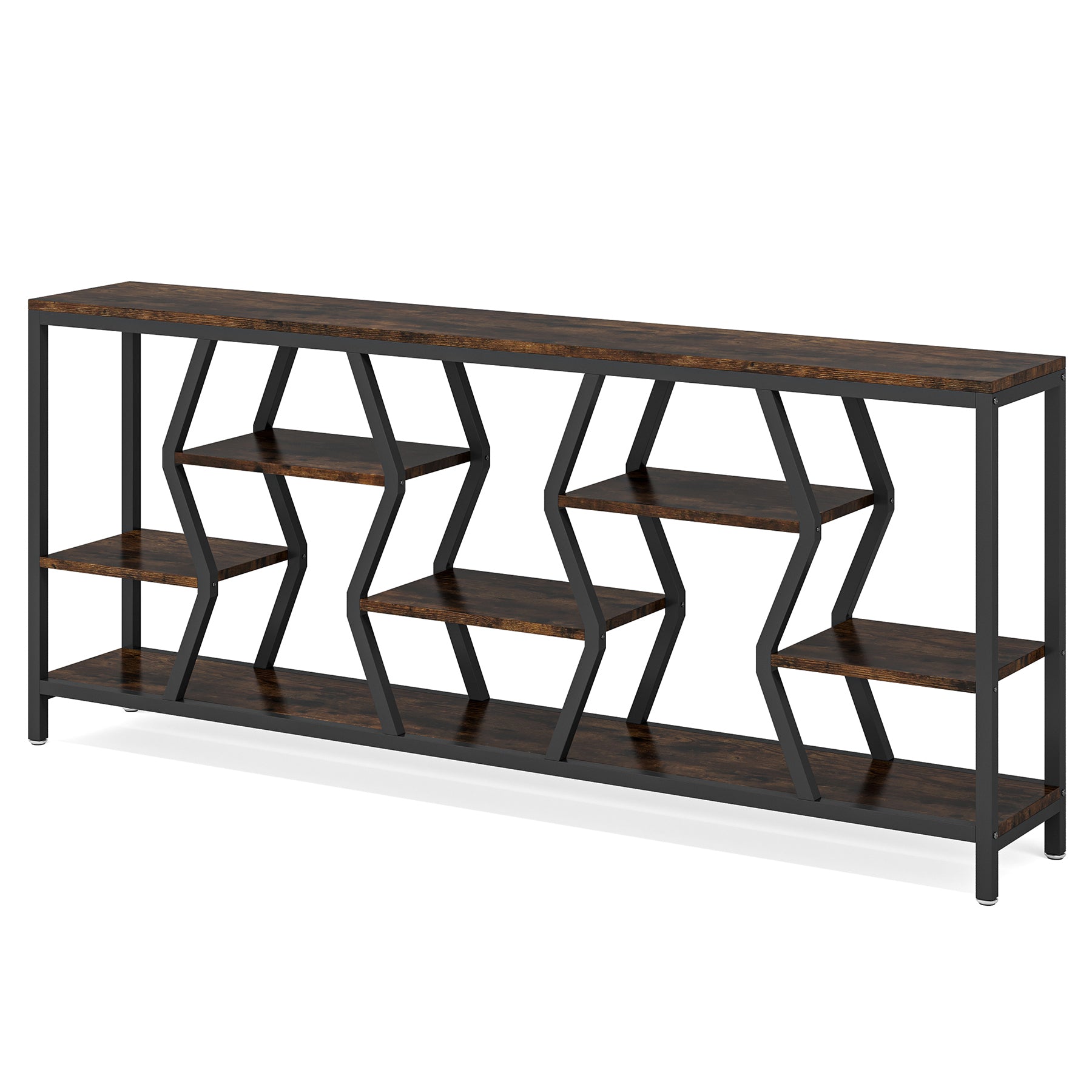 70.9-Inch Extra Long Sofa Console Table with 4-Tier Wood Storage Shelves, Industrial Narrow Entryway Table for Hallway