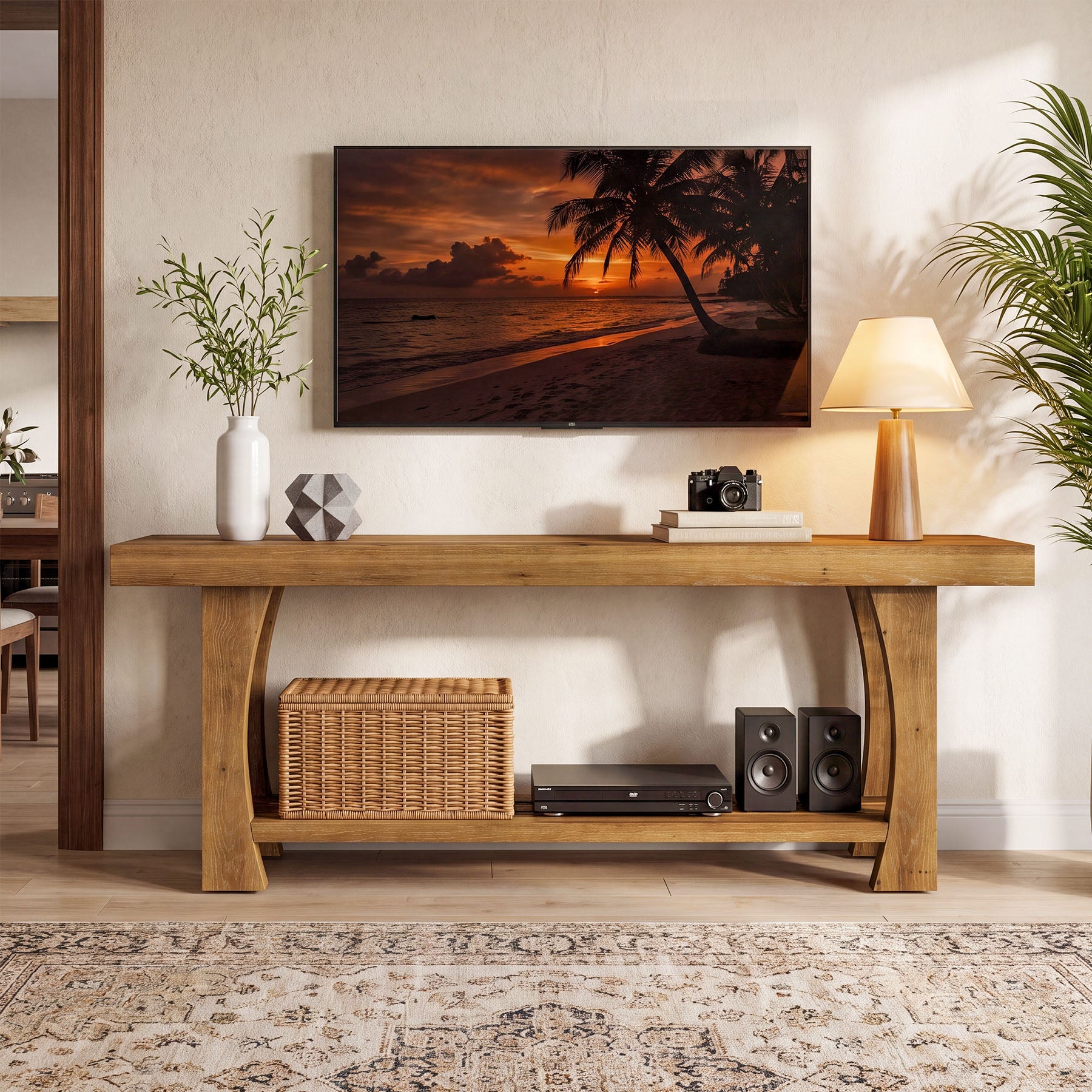 Tribesigns Solid Wood TV Stand for TVs up to 70 Inch, Farmhouse Media Console with Slatted Shelf