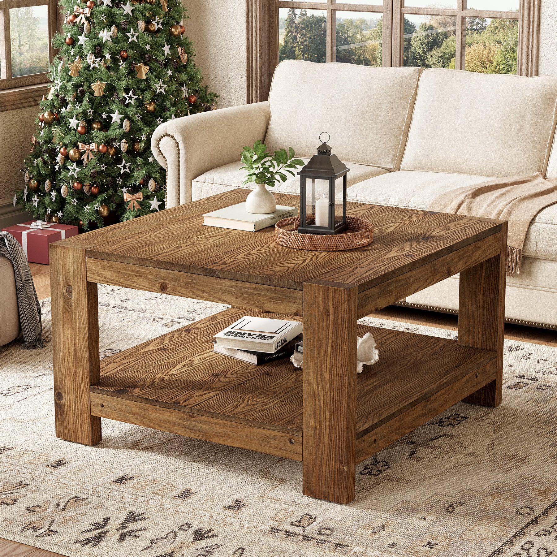 Tribesigns 31.5-Inch Square Farmhouse Coffee Table with Storage Shelf, Solid Wood Center Table for Living Room