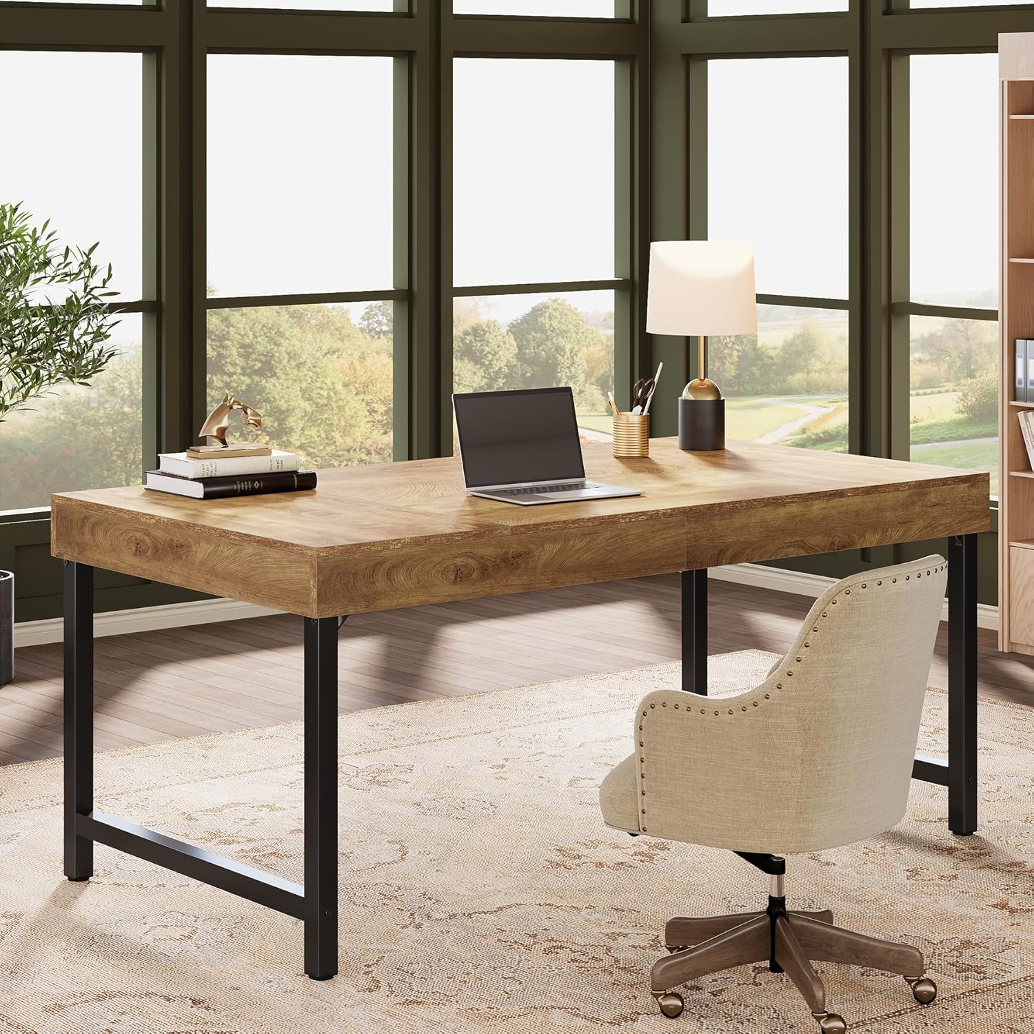 55" Industrial Executive Desk - Rustic Office Desk with Metal Legs, Study & Conference Workstation
