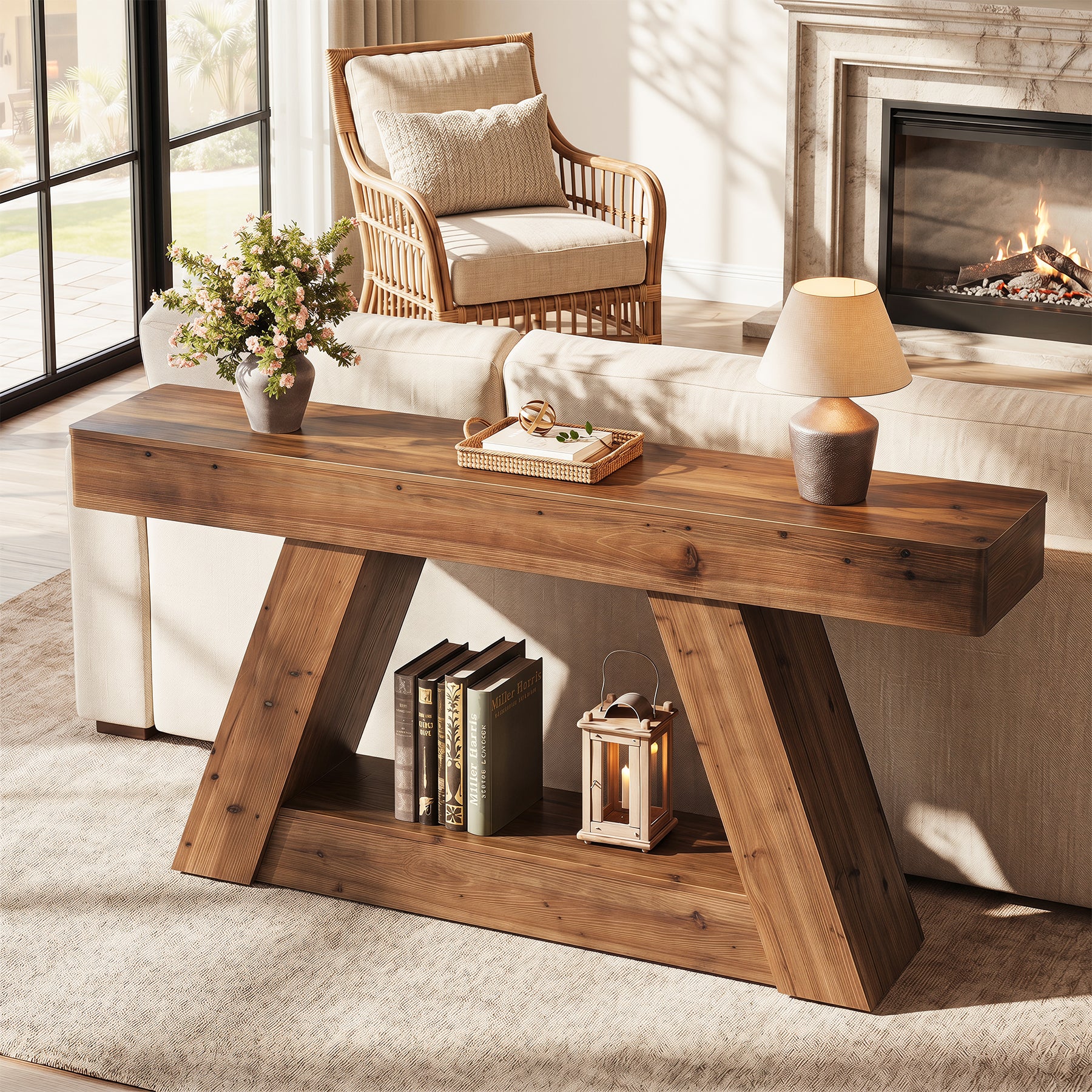 63-Inch Solid Wood Console Table with 2-Tier Storage, Farmhouse Sofa Table for Hallway