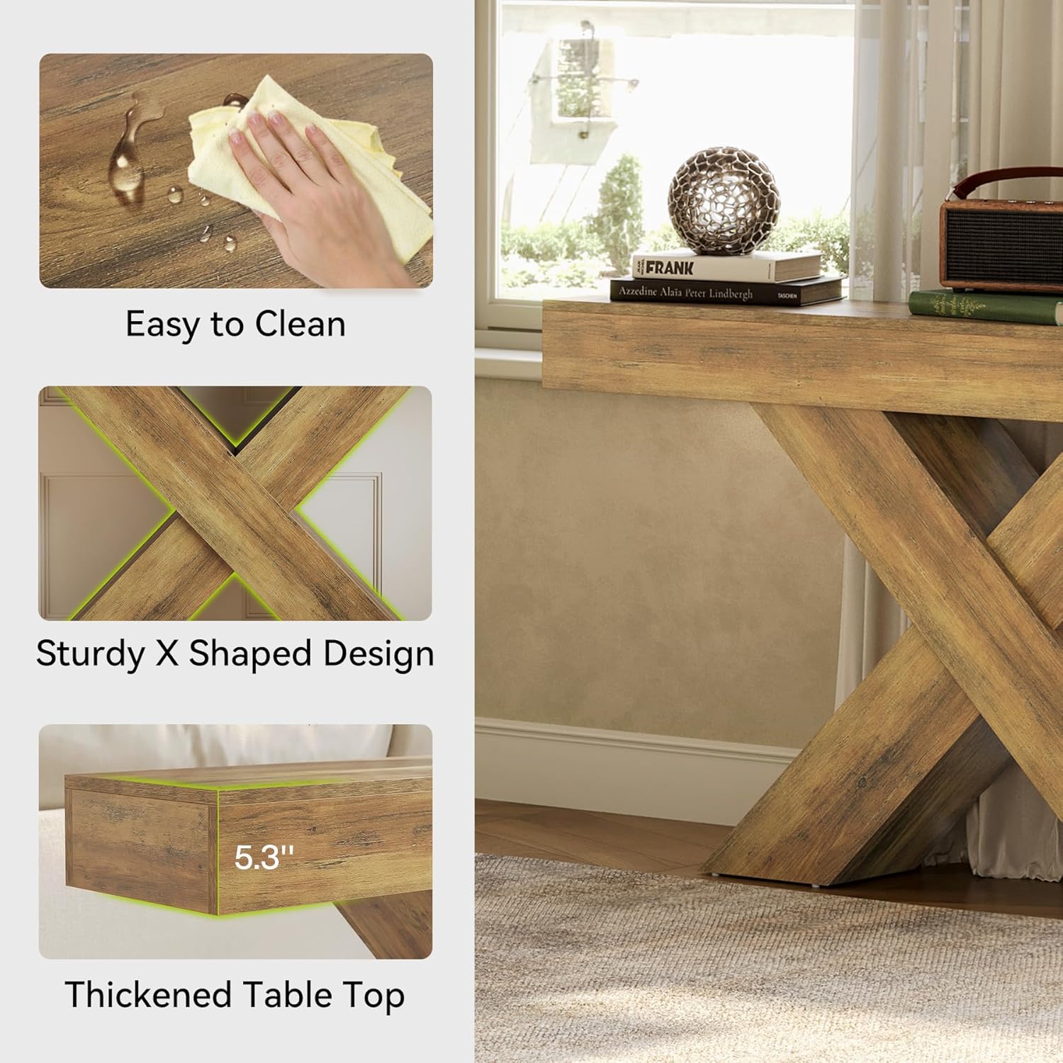 55" Rustic Industrial X-Brace Console Table - Slim Sofa Table for Entryway, Hallway & Living Room in Brown