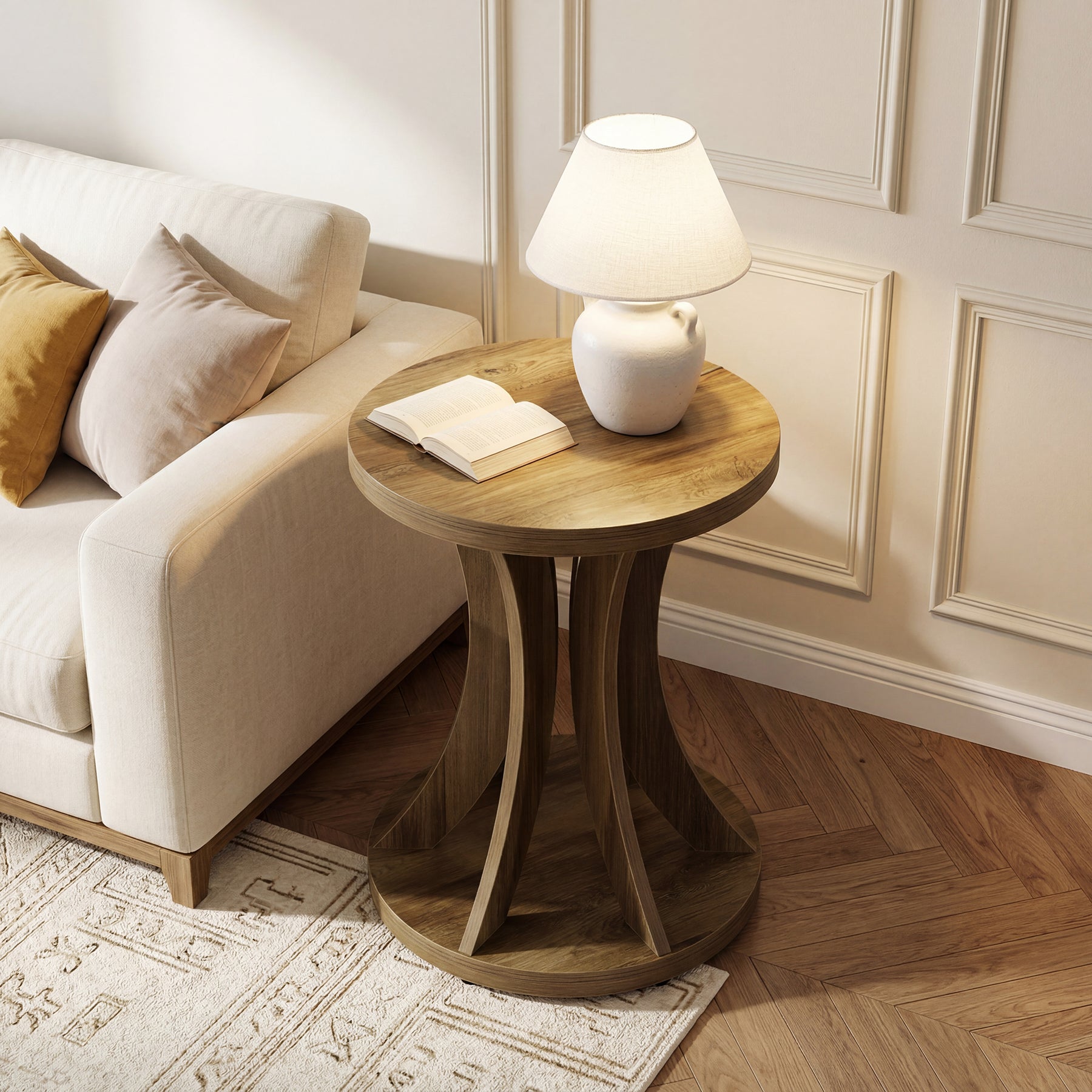 17.72 Inch Round Side Table, Farmhouse End Table with Curved Frame and Storage for Living Room