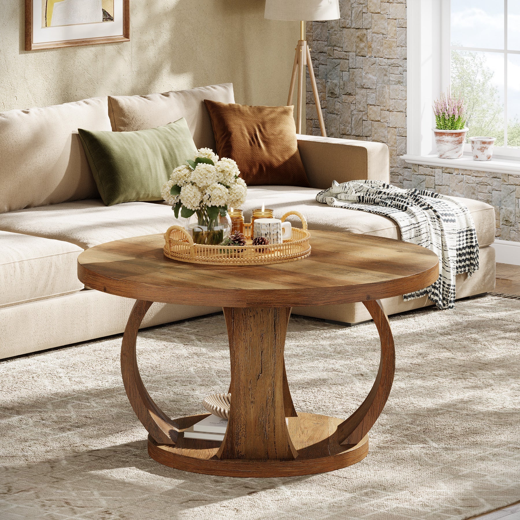 Tribesigns 31.5" Wooden Circle Coffee Table, 2-Tier Storage for Small Spaces