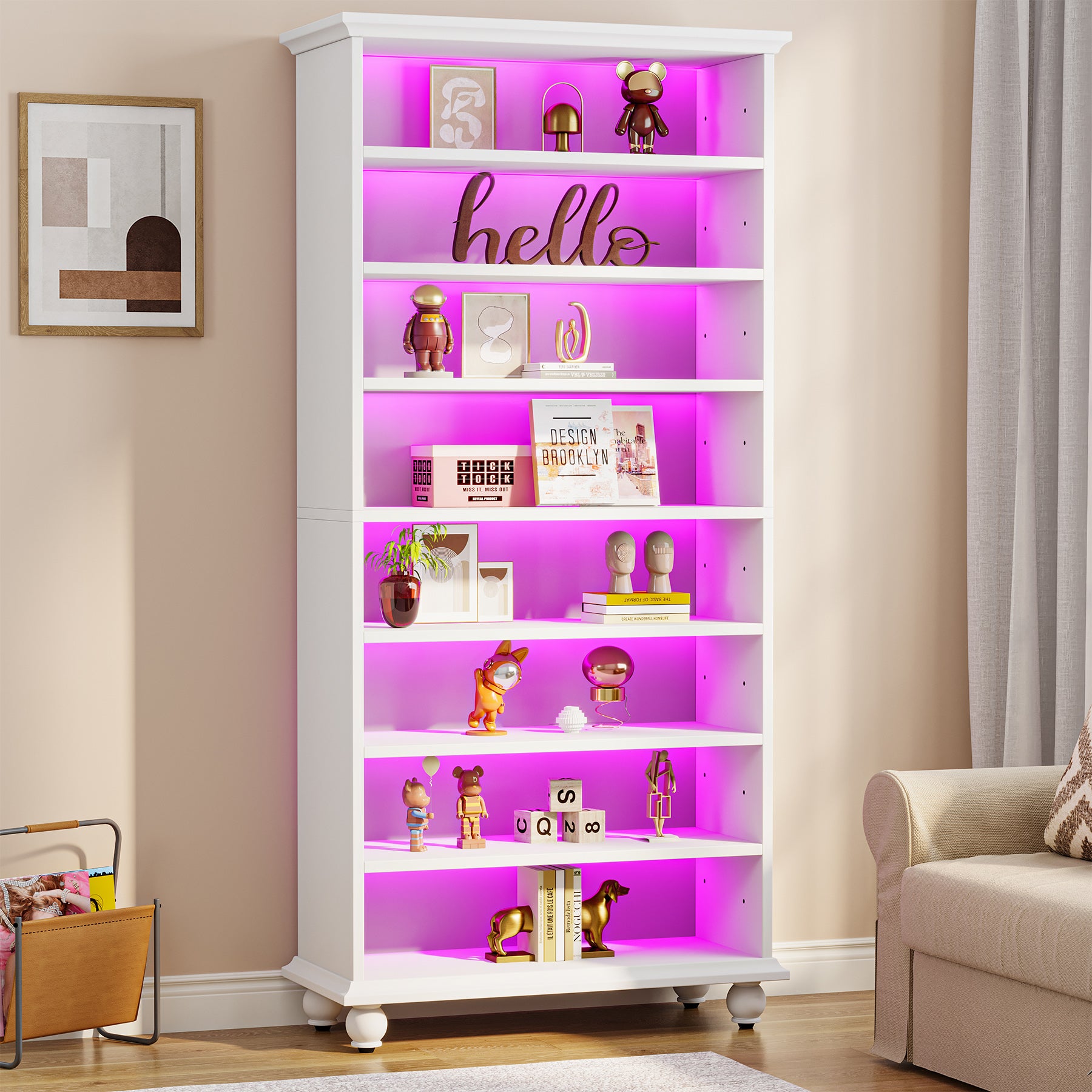 Tribesigns 69-Inch White Bookcase with LED Lighting and Solid Wood Legs, 9-Tier Open Bookshelf for Living Room and Home Office