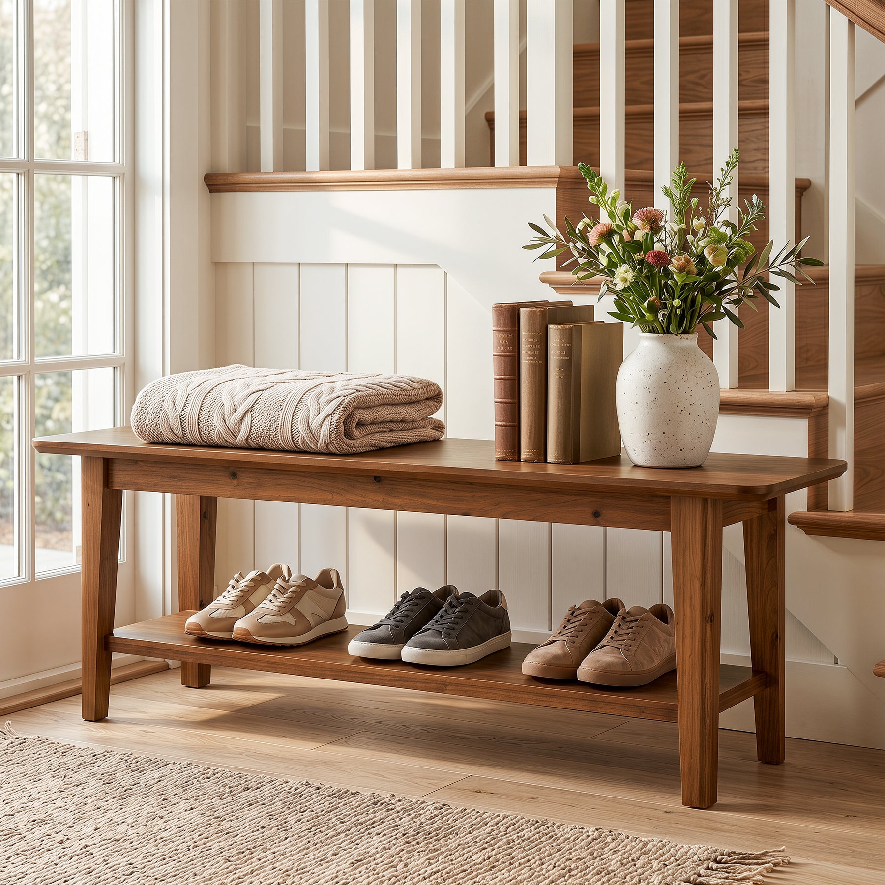 Tribesigns 55.12-Inch Wooden Shoe Bench with Open Shelves, Farmhouse Entryway Bench for Hallway