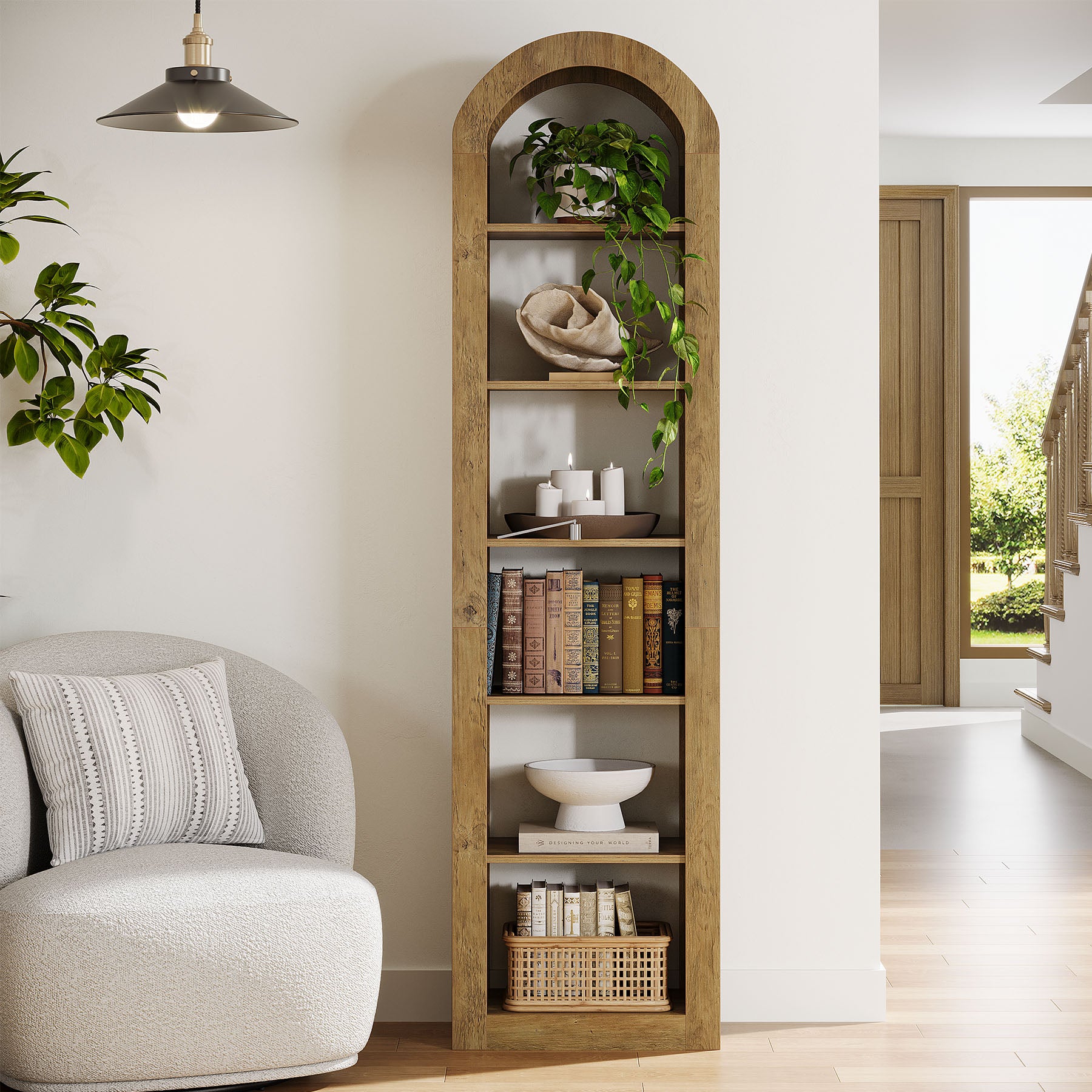 74.8-Inch Tall Arched Bookshelf, 6-Tier Narrow Open Bookcase for Small Spaces