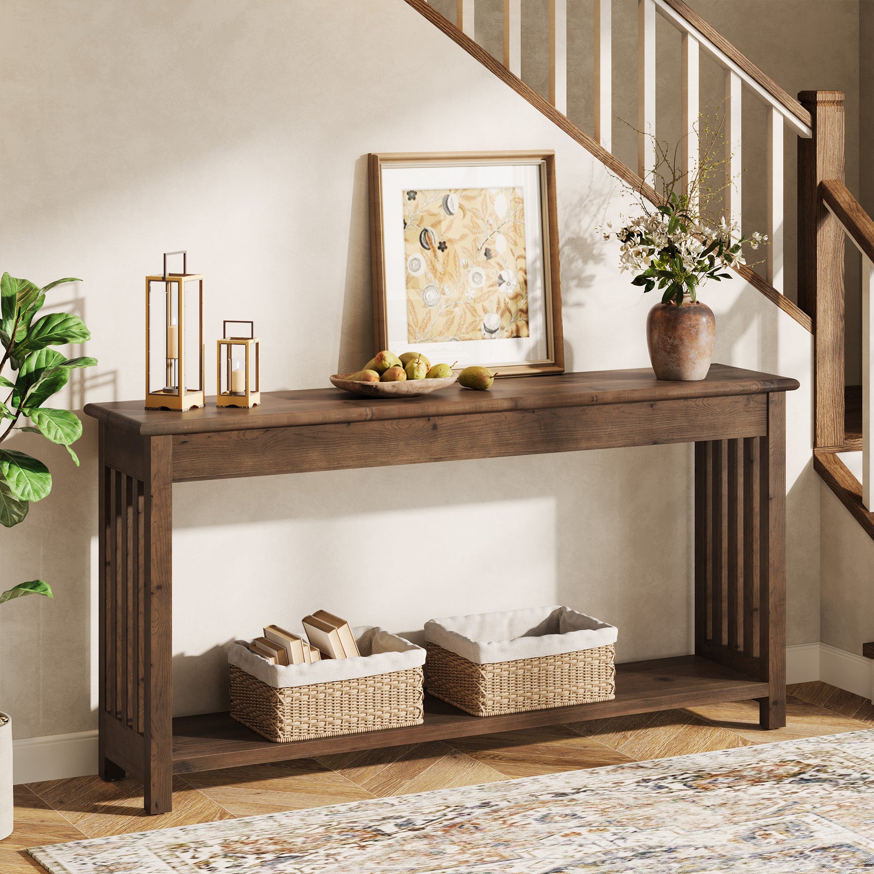 63-Inch Solid Wood Console Table, Farmhouse 2-Tier Entryway Sofa Table for Hallway