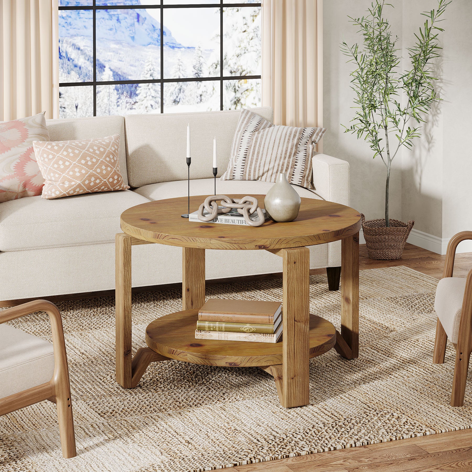 30" Solid Wood Round Coffee Table, Two-Tier Farmhouse Center Table with Natural Texture in Warm Brown