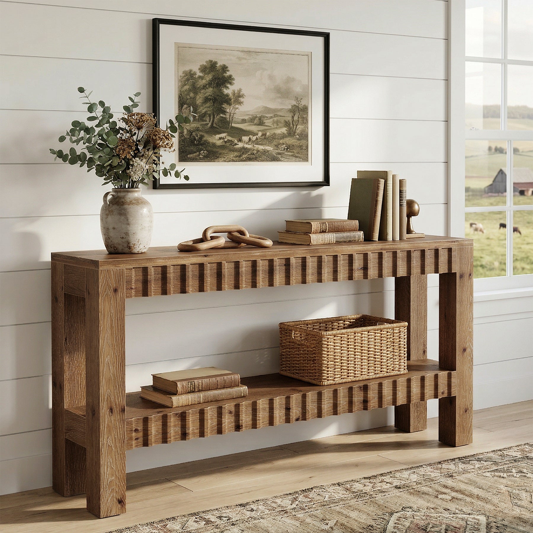 63" Console Table, Solid Wood Farmhouse Entryway Table with 2-Tier Storage