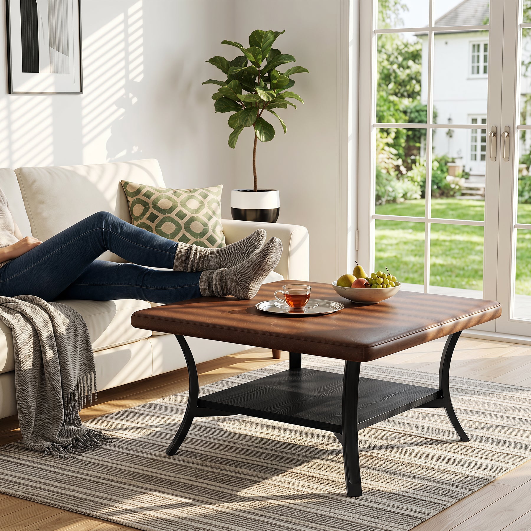 31.5-Inch Square Coffee Table, Upholstered Ottoman with PU Leather Top for Living Room