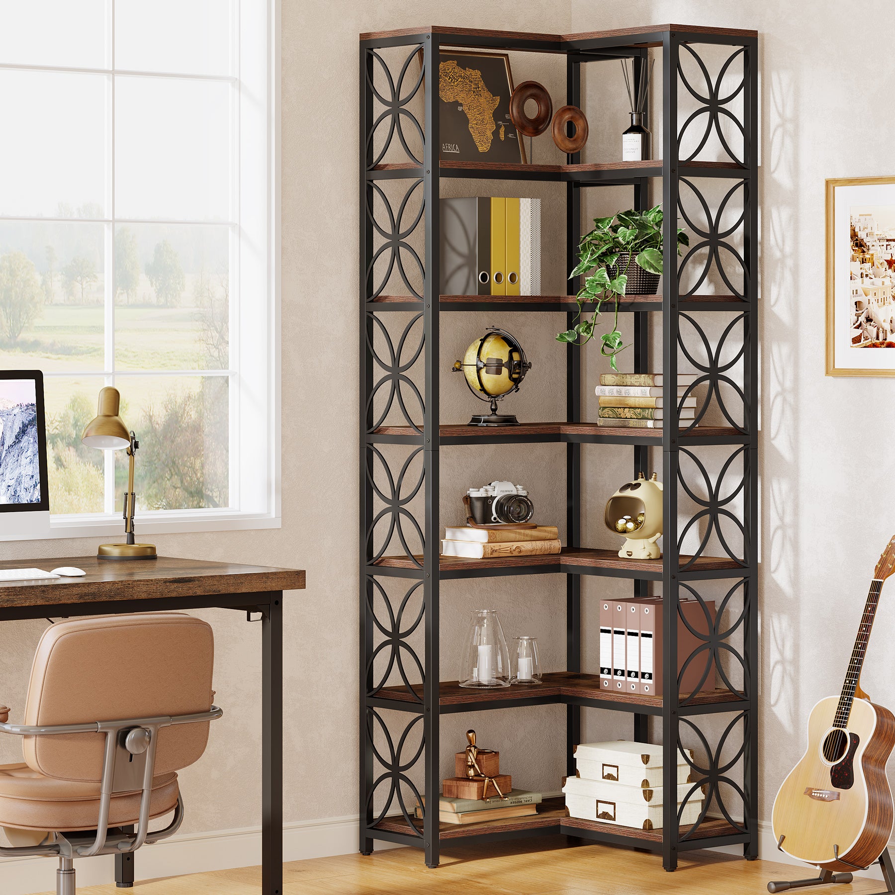 Tribesigns 79-Inch 7-Tier L-Shaped Corner Bookshelf, Tall Wood Bookcase with Metal Frame for Living Room or Office