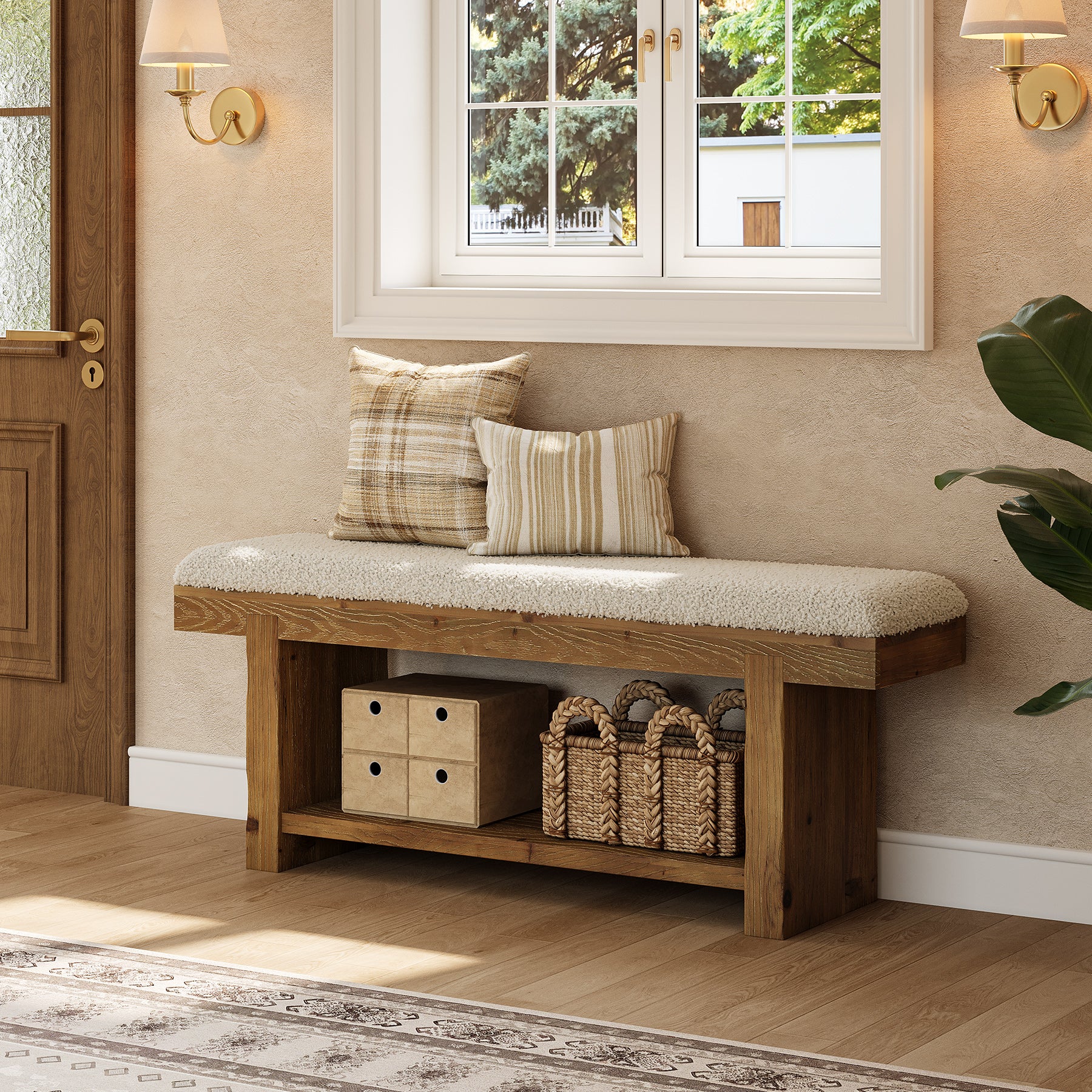 Tribesigns 47.2-Inch Farmhouse Entryway Bench with Storage Shelf, Solid Wood Upholstered Shoe Bench for Mudroom