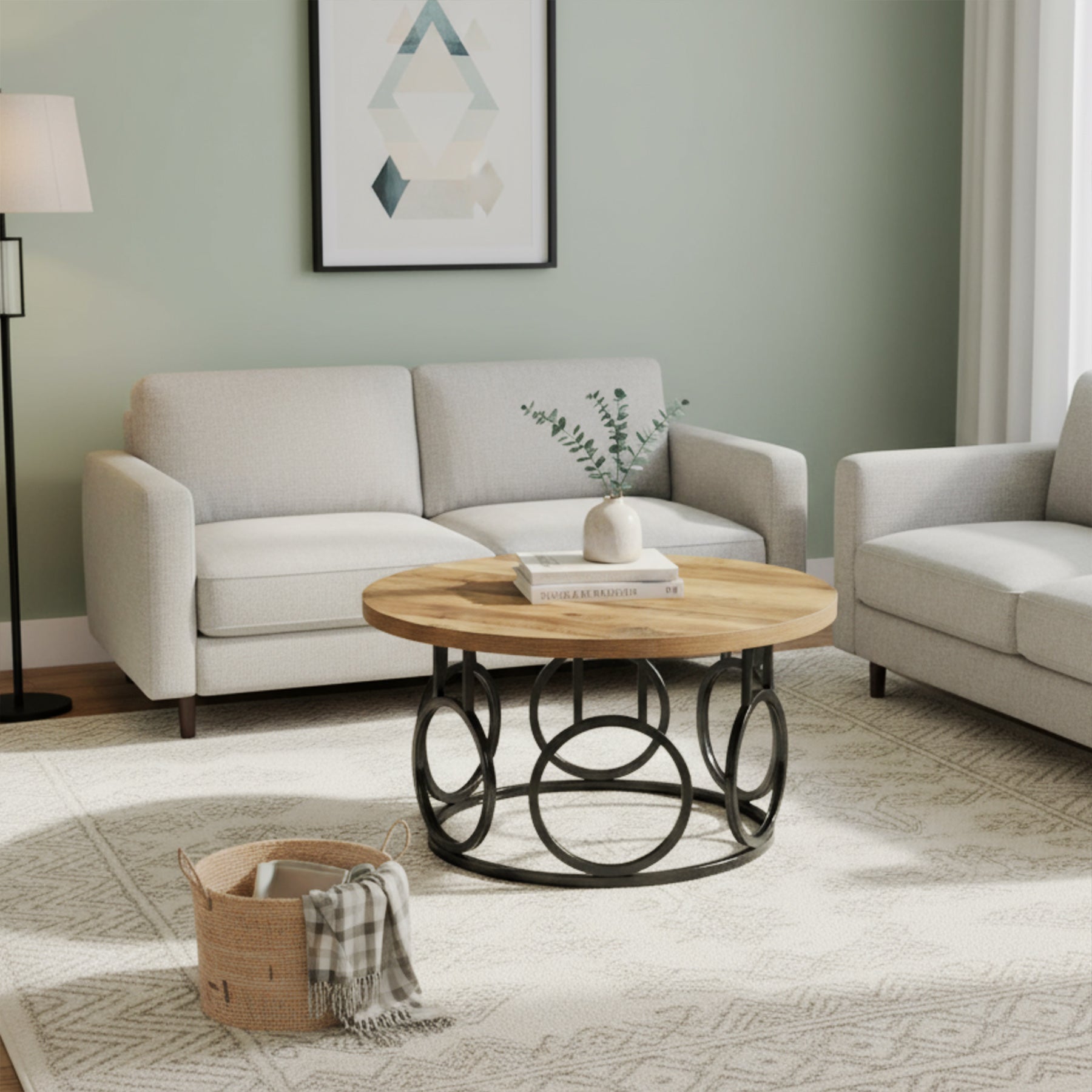 31.5-Inch Round Coffee Table, Rustic Wood Grain and Metal Base with Industrial Design