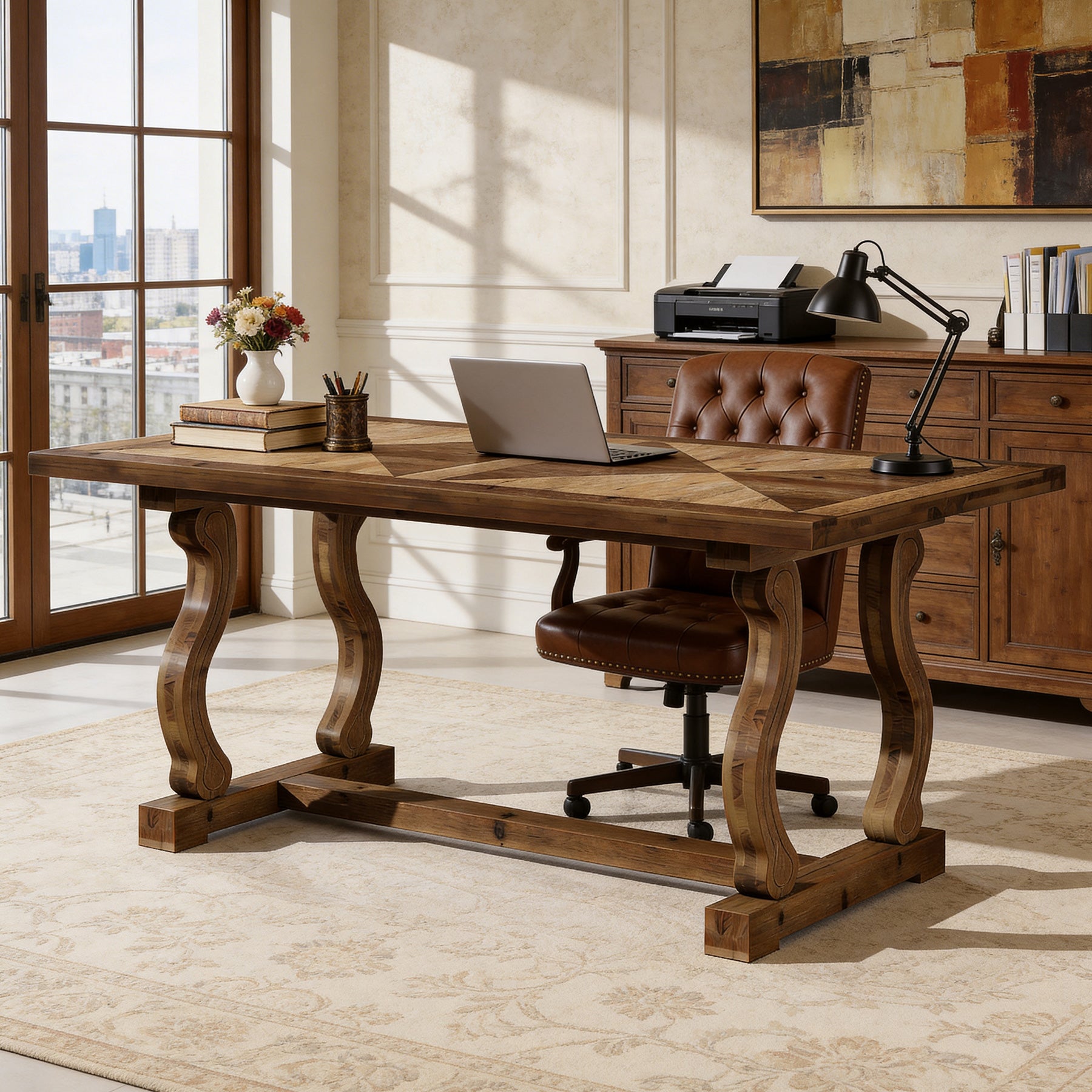 Tribesigns 63-Inch Solid Wood Executive Desk with Diamond Parquetry, Farmhouse Desk for Home Office