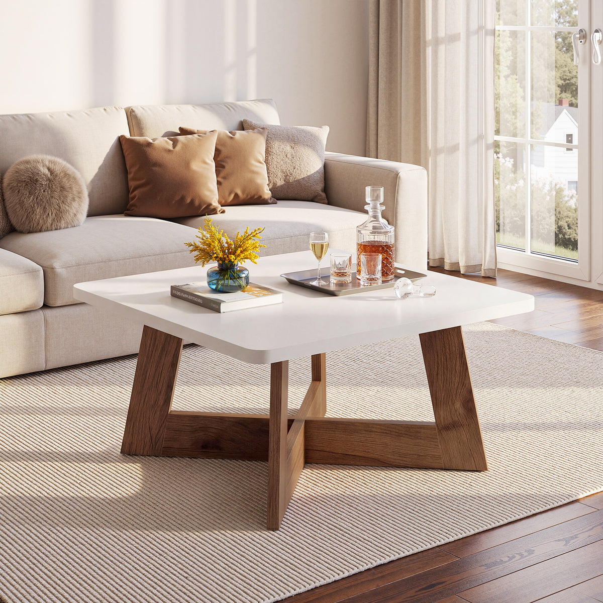 Tribesigns 31.5 Inch Square Coffee Table with Cross Base, Modern White Center Table for Living Room
