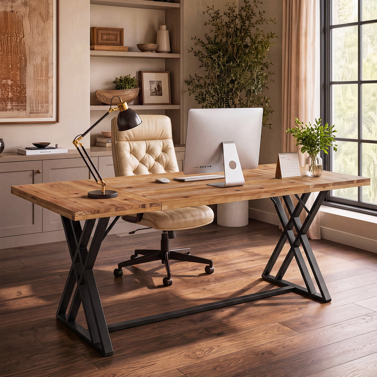 Tribesigns 63 Inch Solid Wood Computer Desk with X-Shaped Metal Legs, Farmhouse Home Office Desk