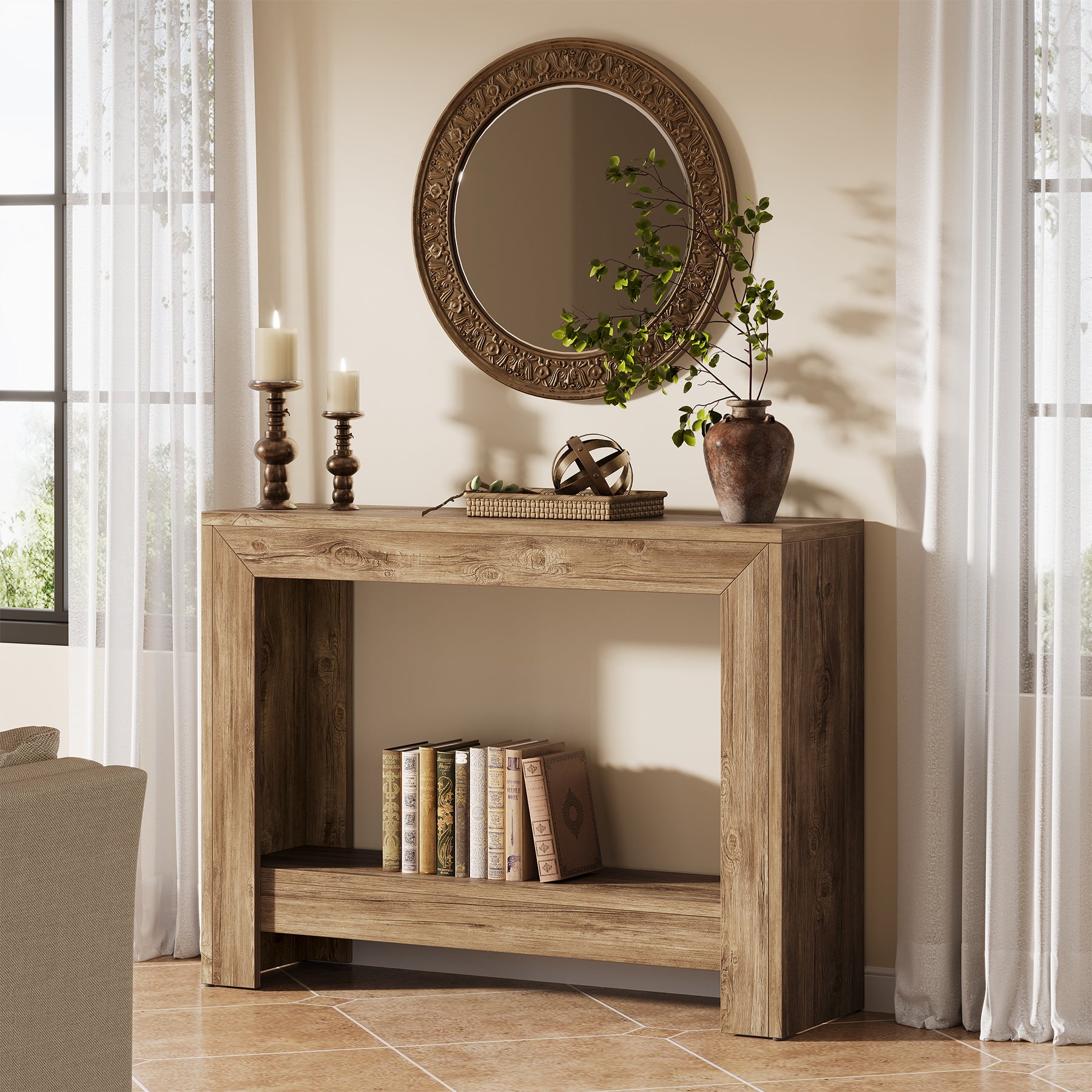 41.3-Inch Rustic Wood Console Table with Open Storage Shelves for Hallway