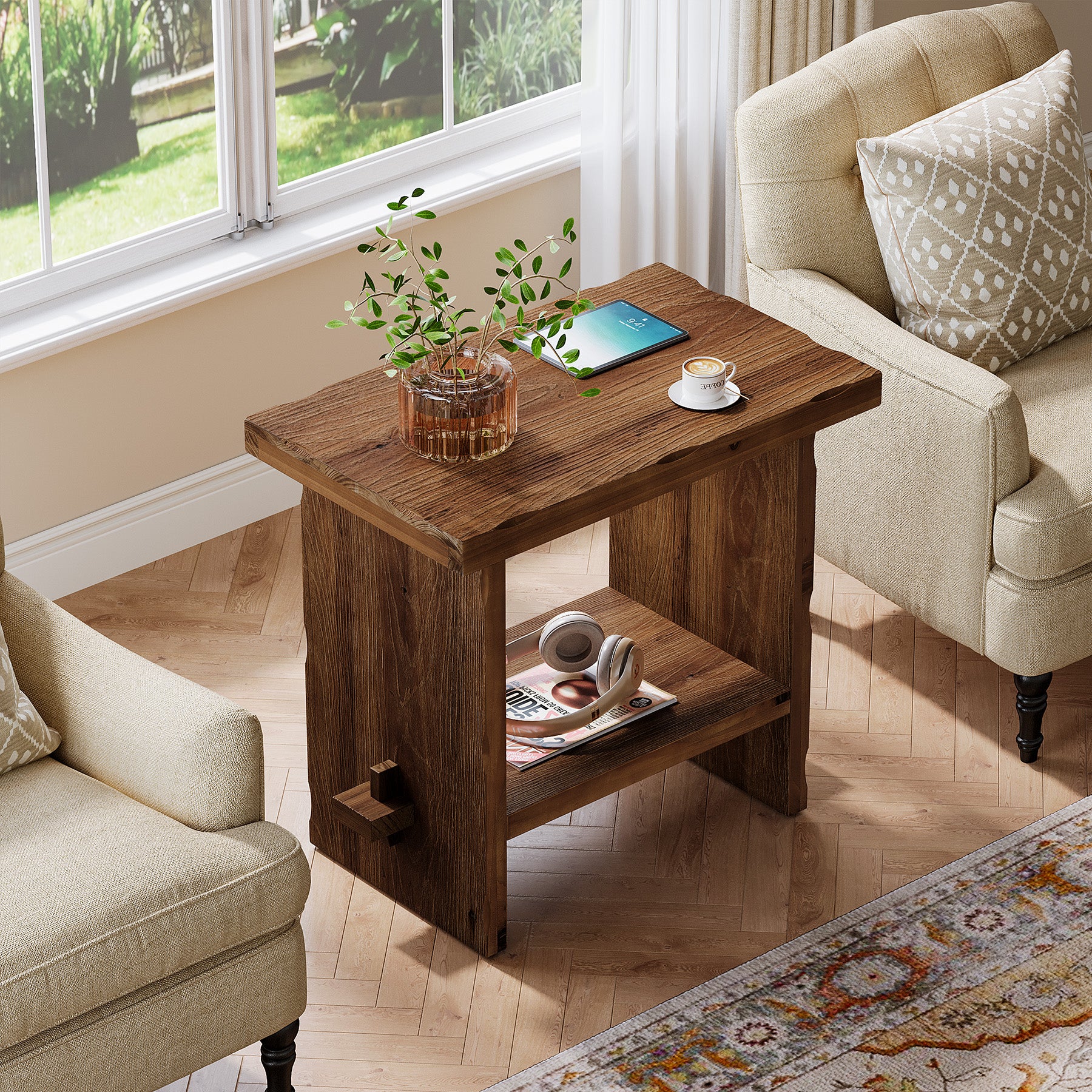 Tribesigns 23.62 Inch Solid Wood Side Table with 2-Tier Storage, Farmhouse End Table for Bedroom