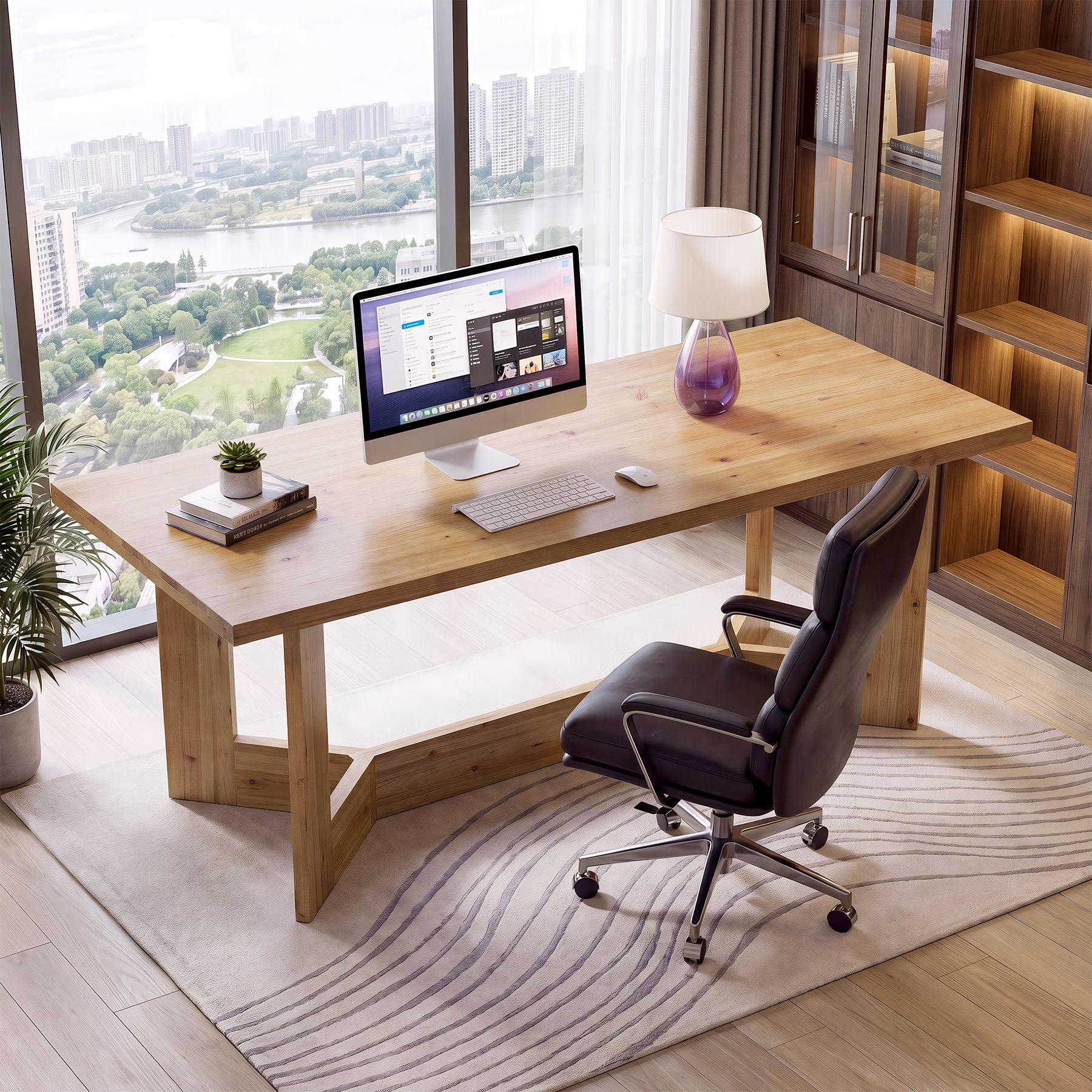 Tribesigns 63-Inch Solid Wood Computer Desk with Trestle Legs, Farmhouse Office Desk for Home Office
