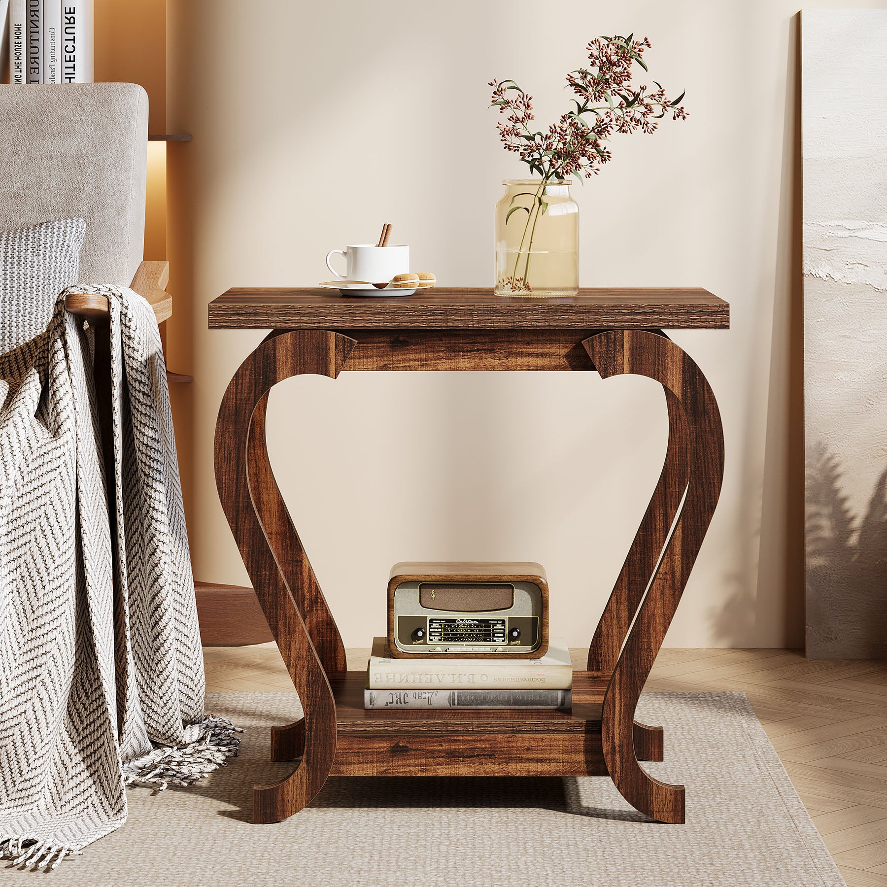 Brown Wooden End Table, 23.62 Inch 2-Tier Side Table for Small Spaces